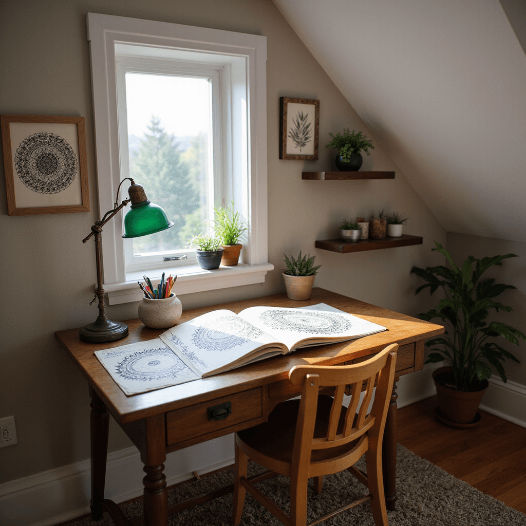 A cozy home office nook under a slanted attic roof, featuring a compact writing desk with open sketchbooks displaying intricate geometric zentangle patterns, fine-point pens in a ceramic holder, and floating shelves with potted succulents and nature-inspired art, illuminated by early morning light through a dormer window.