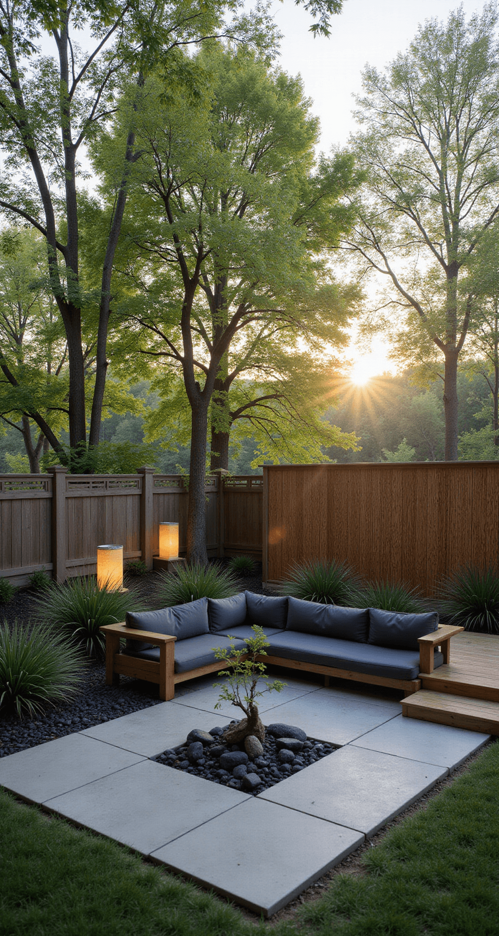 A tranquil Zen garden patio at dawn featuring a stone platform, a Japanese maple, low-profile teak furniture, glowing paper lanterns, and a bamboo privacy screen, all enveloped in morning mist.