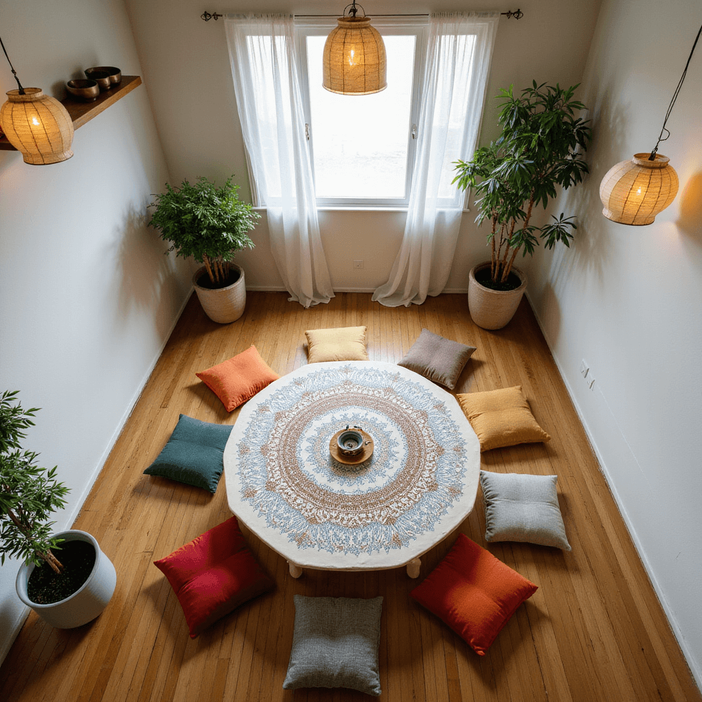 A serene meditation room with smooth white walls and bamboo flooring, featuring a low circular table with a mandala zentangle artwork, colorful floor cushions, billowing sheer curtains, and potted bamboo plants, captured from a high angle.