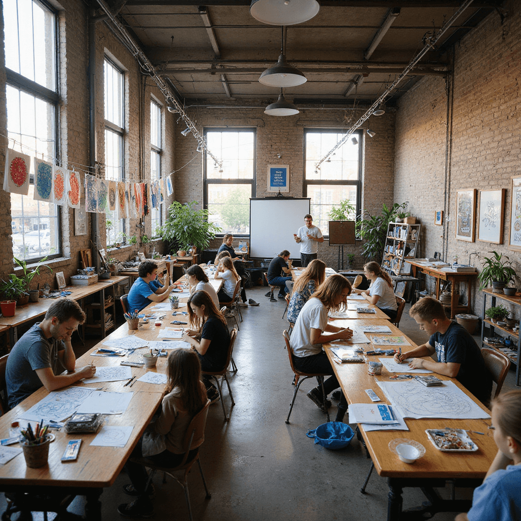 A vibrant art classroom filled with students concentrating on zentangle projects, sunlight streaming in through large windows, colorful artworks hanging from clotheslines, and a projection of an instructor's demonstration.