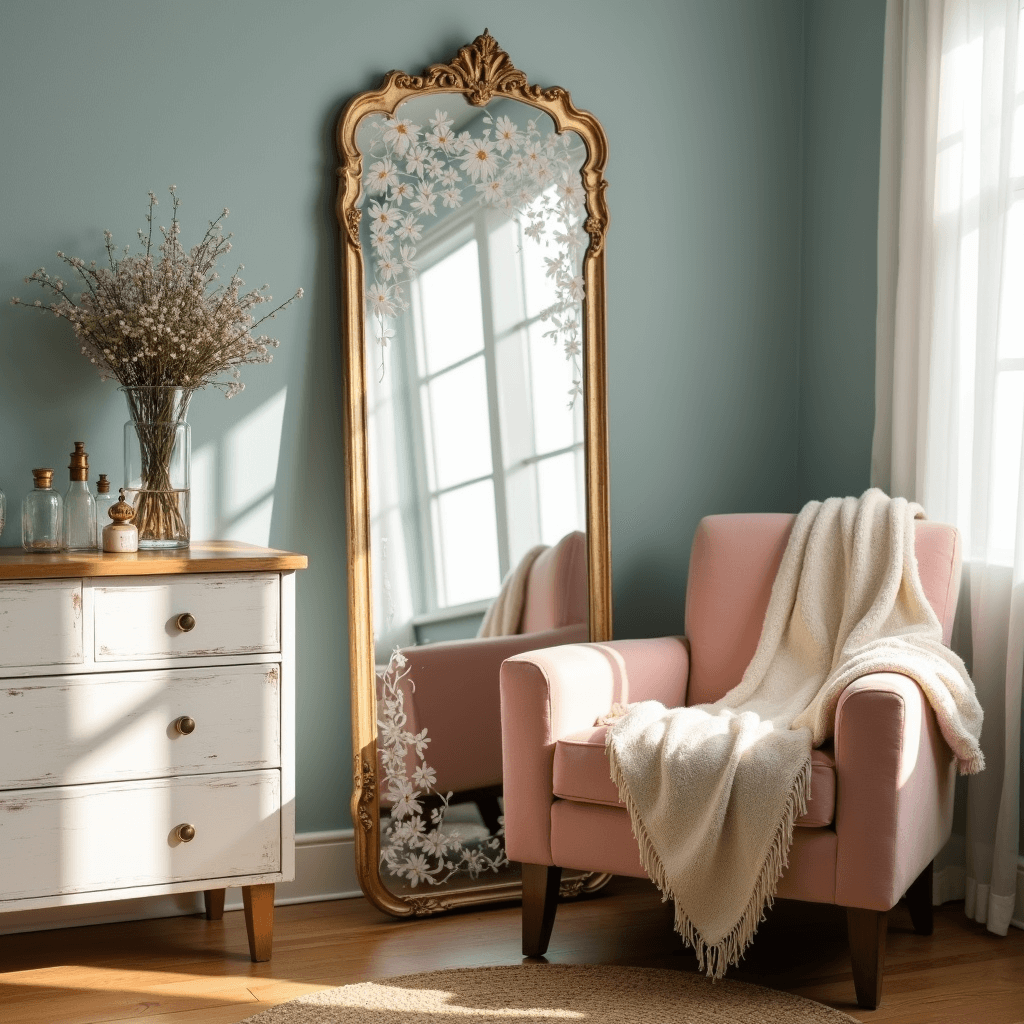 A cozy bedroom corner with soft morning light, featuring an ornate gold-framed mirror with hand-painted daisies, a weathered white dresser with vintage perfume bottles, a blush pink velvet armchair with a chunky knit throw, and a round jute rug on hardwood flooring.