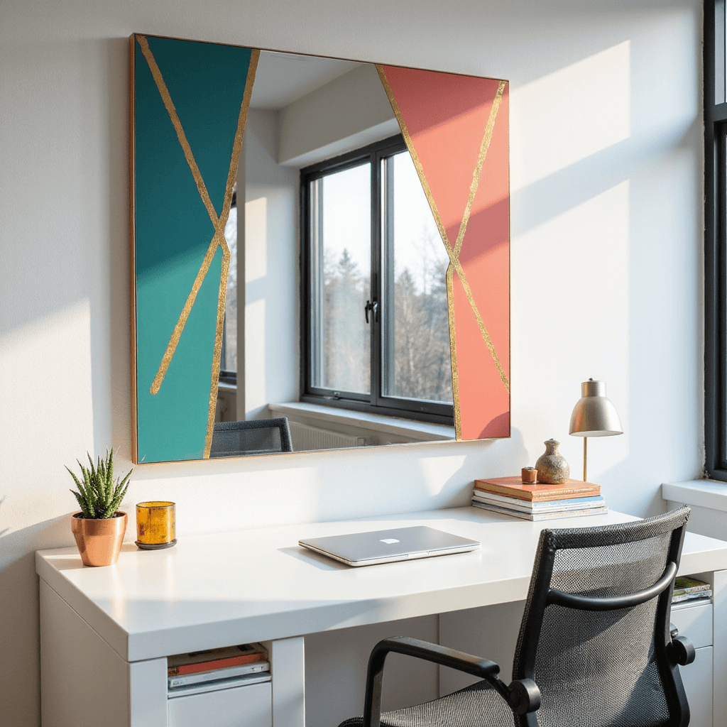 Bright and airy home office featuring floor-to-ceiling windows, a sleek rectangular mirror with bold geometric shapes in teal, coral, and gold, a minimalist white desk with a succulent and laptop, a charcoal gray ergonomic chair, and floating shelves with color-coordinated books and sculptures, all illuminated by natural light.