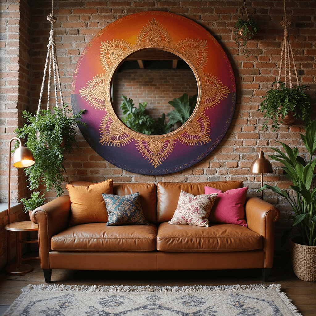 A bohemian-style living room featuring a circular mirror with a gradient sunset hue and gold mandala designs, a cognac leather sofa with jewel-toned pillows, macramé plant hangers, and a cream and charcoal shaggy rug, all reflecting in the mirror at golden hour.