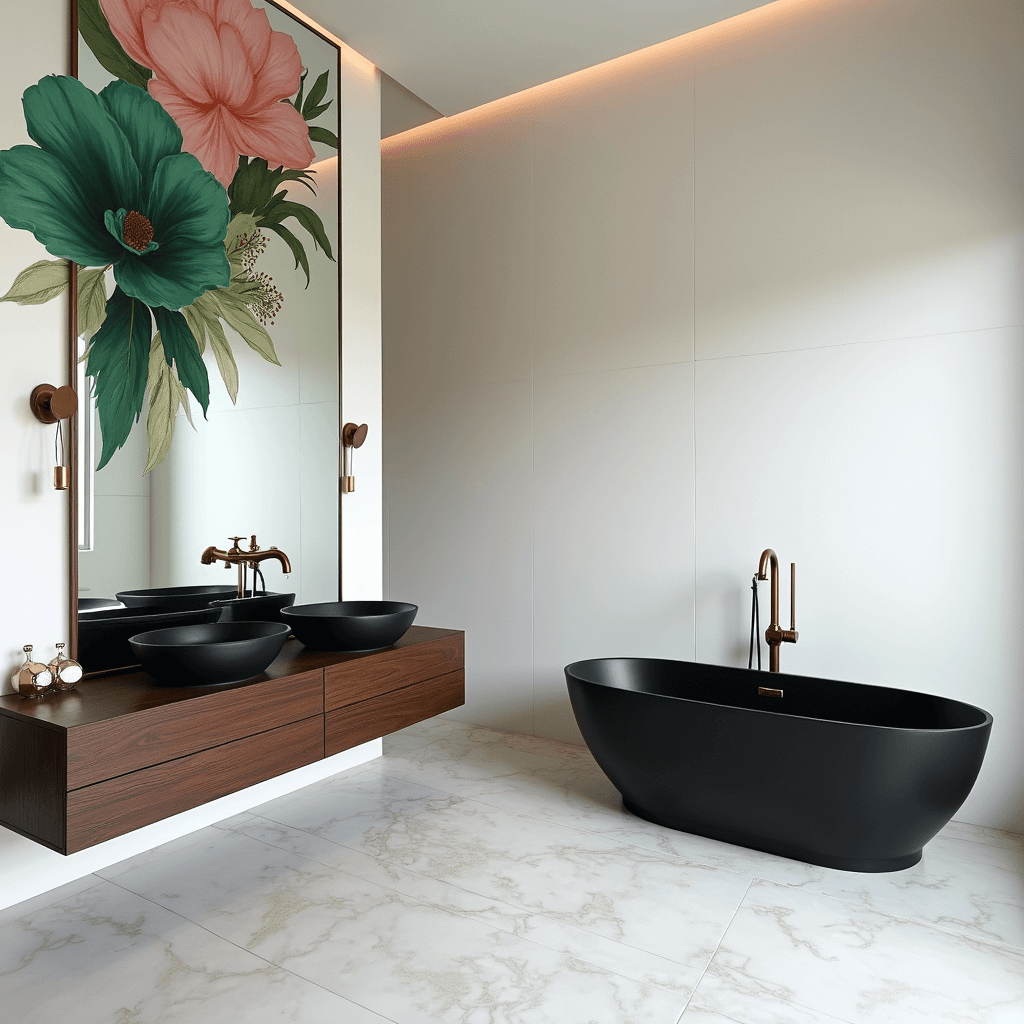 A modern bathroom with high ceilings features a floor-to-ceiling mirror adorned with an abstract floral design in emerald green and blush pink. A matte black freestanding bathtub, dark walnut floating vanity, and brass fixtures enhance the chic decor, while soft lighting creates a spa-like ambiance.
