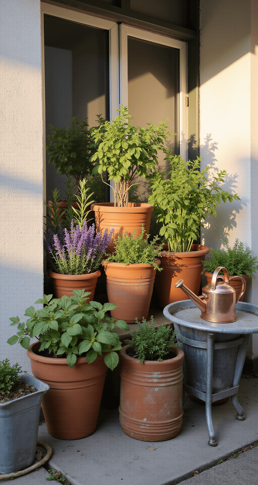 A sun-drenched urban balcony at golden hour featuring an array of terracotta pots with lush herbs like basil, rosemary, and lavender, against a whitewashed wall; galvanized steel planters add industrial contrast, while natural light casts long shadows, showcasing a bistro table with a copper watering can.