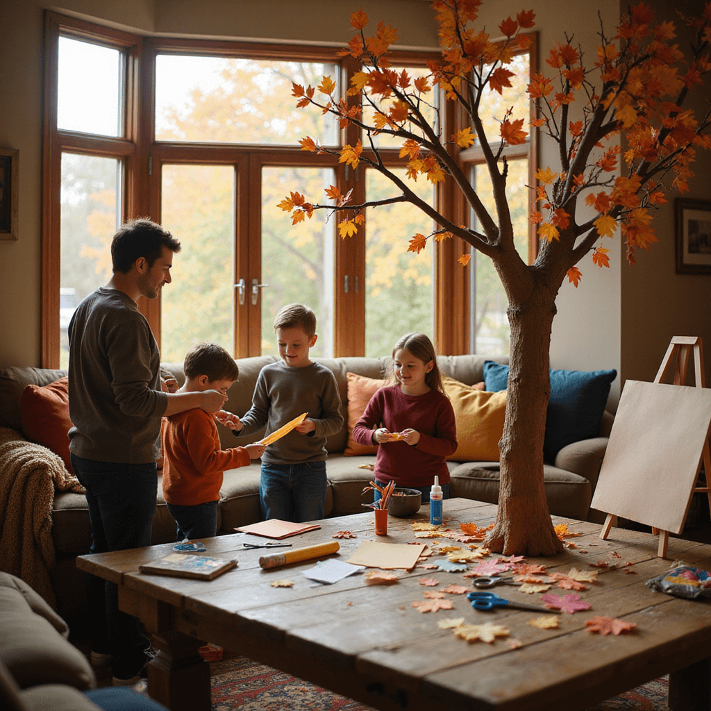 A warm and cozy living room filled with sunlight, featuring large bay windows showcasing autumn trees. A rustic coffee table brimming with craft supplies and a partially completed 'Thankful Tree' stands prominently. Family members of diverse ages engage in writing on colorful leaf-shaped papers, surrounded by an earthy color palette and accents of fall colors in cushions and a chunky knit blanket. The image captures a sense of warmth and togetherness, with a soft focus on the background.