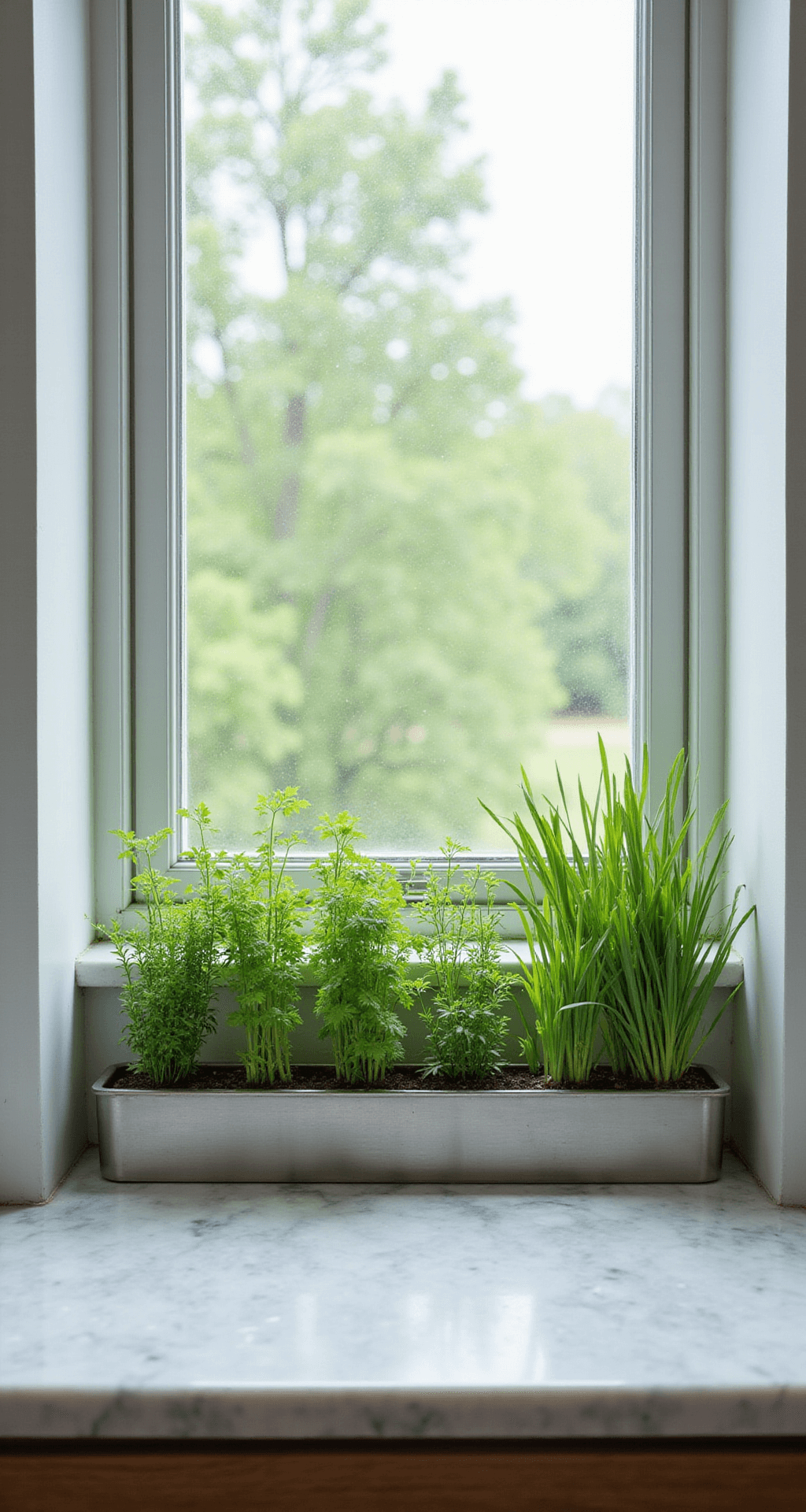 Interior view of a modern minimalist kitchen featuring a 6ft windowsill herb garden with stainless steel planters filled with thyme, cilantro, and chives, illuminated by morning light. Condensation on the window creates a bokeh effect, while a marble countertop below reflects the soft lighting.