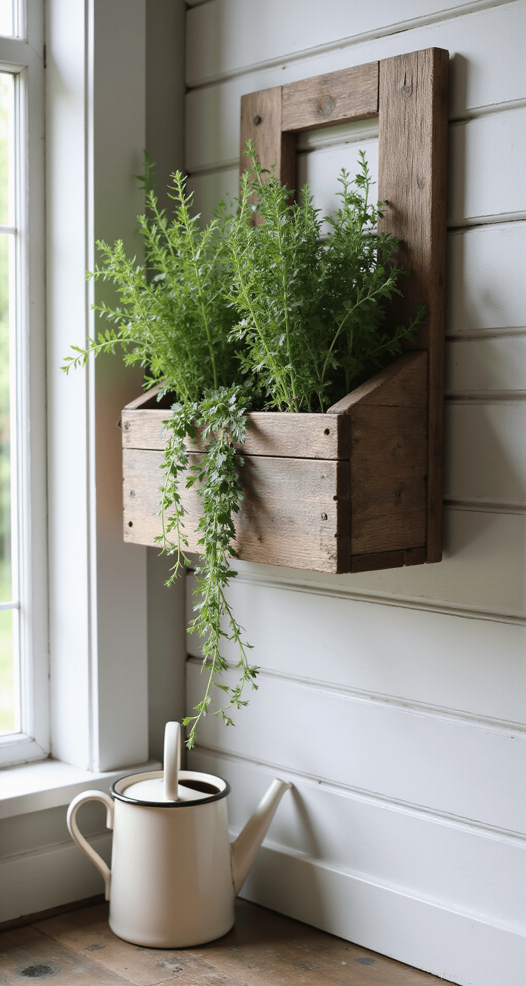 Rustic farmhouse kitchen corner featuring a reclaimed wooden herb planter box with trailing oregano and mint, a vintage enamelware watering can, and dappled natural light illuminating the scene.