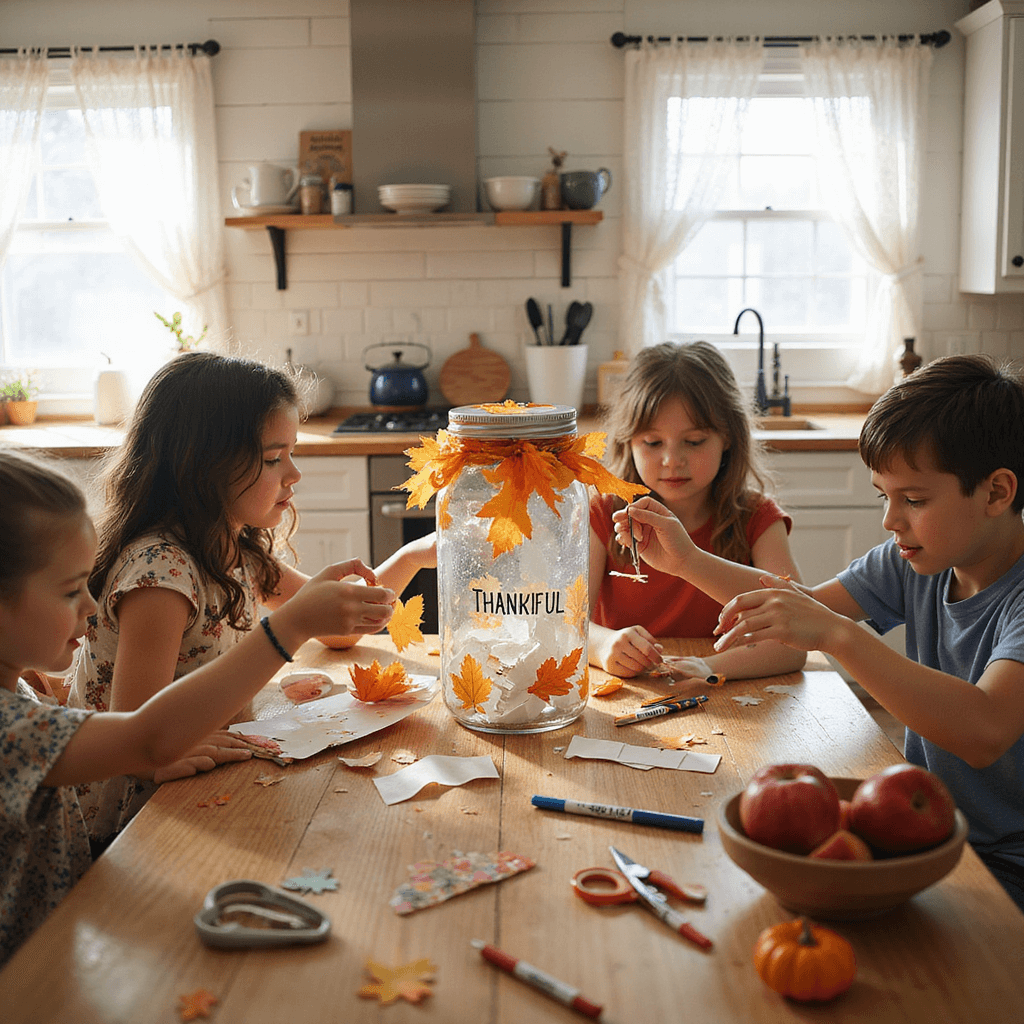 A bright kitchen with white shiplap walls and butcher block countertops, featuring a central island with a large mason jar for collecting thankful notes. Family members are adding folded papers to the jar, surrounded by craft supplies, red apples, and a small pumpkin, all bathed in warm morning sunlight.