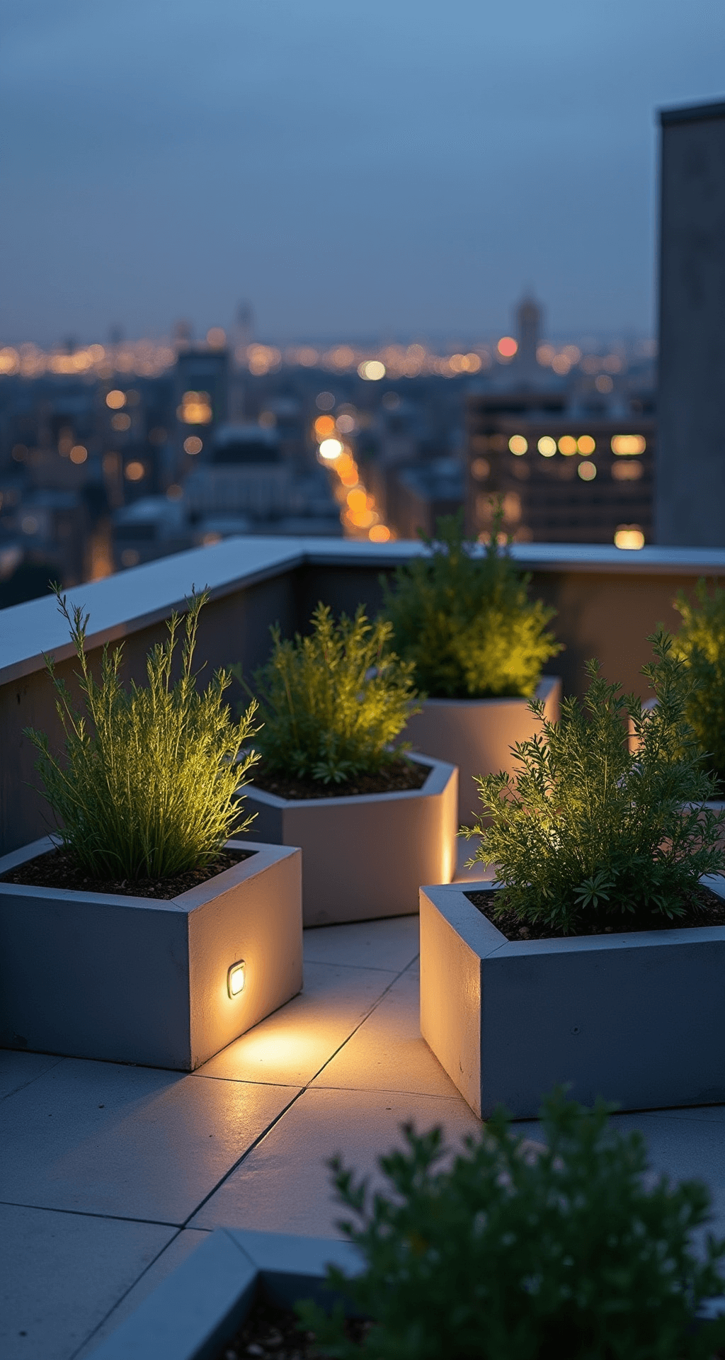 Aerial view of a contemporary rooftop garden at dusk, featuring modern geometric concrete planters in varying heights, arranged architecturally. LED uplighting highlights architectural herbs like lemongrass and tall basil, with twinkling city lights in the bokeh background. The color palette includes charcoal concrete, steel blue evening light, warm LED glow, and silver-green foliage.