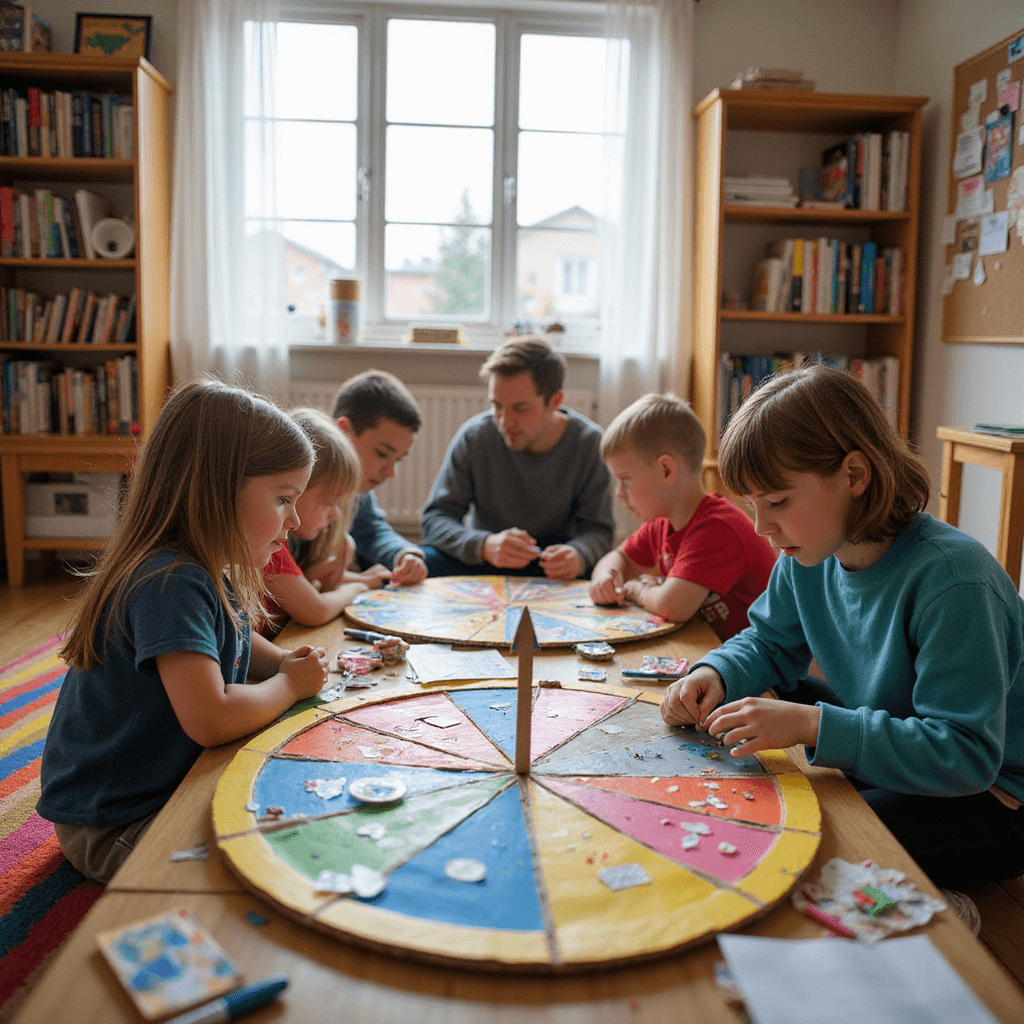 A whimsical playroom filled with vibrant colors, featuring children and adults gathered around a low table, focused on a colorful 'I Am Thankful For' Spinner, with craft supplies scattered around. Sunlight filters through sheer curtains, highlighting their joyful expressions and the playful atmosphere.