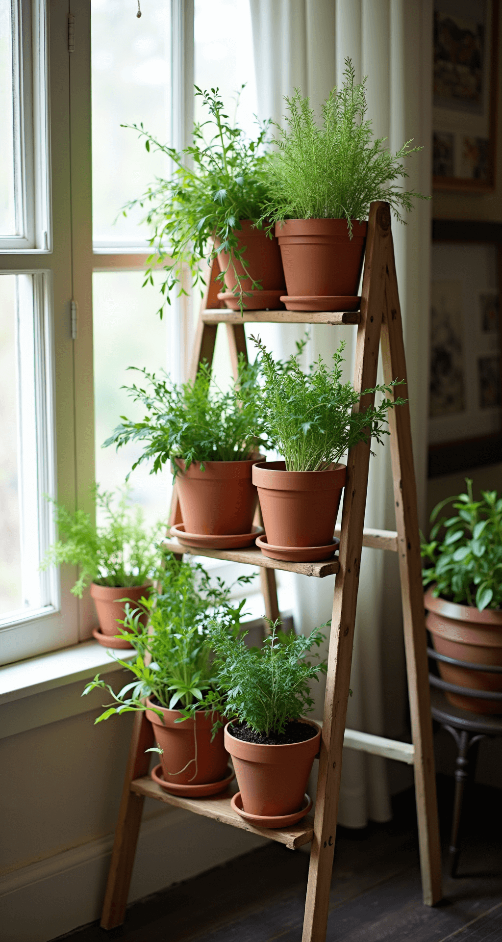 A cozy indoor herb display featuring a vintage ladder-style plant stand with mismatched terracotta pots arranged by height, bathed in soft afternoon light filtered through sheer curtains, complemented by hand-written plant markers.