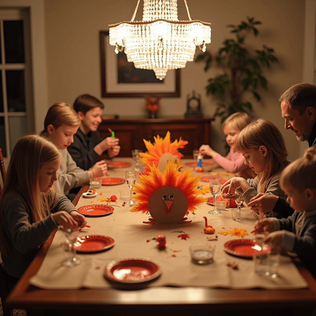 A vibrant, warm-lit dining room transformed into a craft space, showcasing family members of all ages engaged in making 'Thankful Turkey' crafts at a long wooden table cluttered with supplies, with a crystal chandelier overhead and autumn decor in the background.