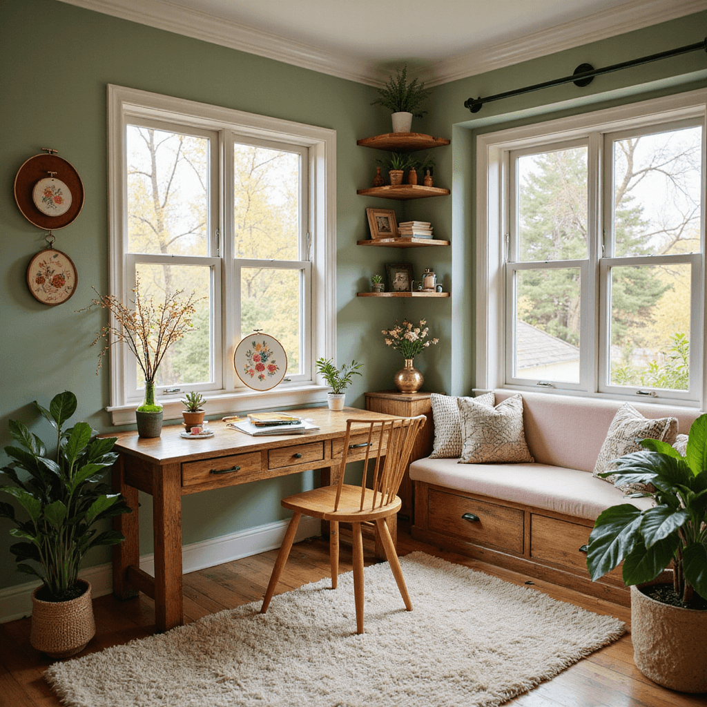 A cozy home office nook with a bay window and built-in seat, featuring a rustic wooden desk with an embroidery hoop and colorful thread. The walls are soft sage green, adorned with shelves displaying embroidery projects. A cream and blush pink area rug adds warmth, with potted plants and vintage brass accents completing the scene, all bathed in warm afternoon light.