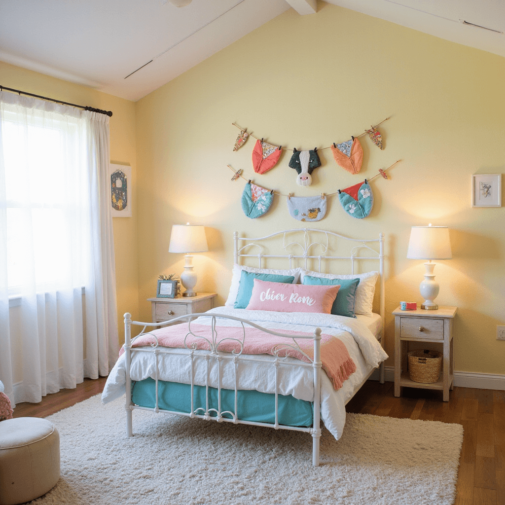 A bright child's bedroom with vaulted ceilings, featuring a white iron twin bed dressed in pastel linens and an embroidered name pillow. Colorful embroidered animal patches hang from a clothesline display above, with pale yellow walls accented by teal and coral decor. An ivory shag rug completes the cozy atmosphere, illuminated by soft morning light through sheer curtains.