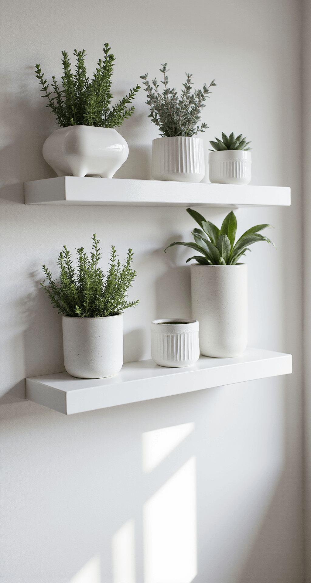 A Scandinavian minimalist indoor herb wall featuring custom white floating shelves displaying monochromatic white ceramic planters with silver thyme and variegated sage, illuminated by soft morning light, showcasing clean lines and subtle shadows on a white wall.