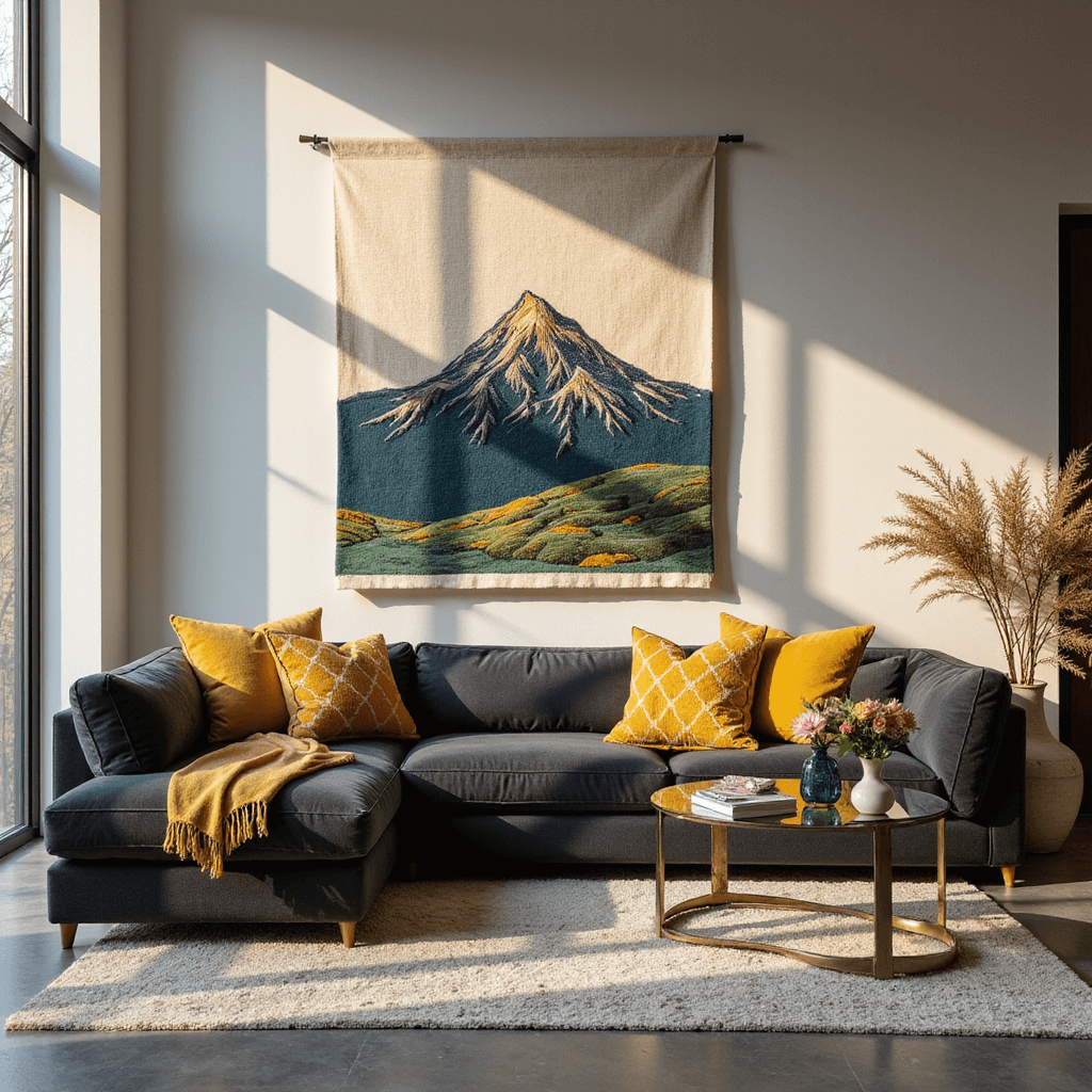 A spacious modern living room featuring a charcoal gray sectional sofa with embroidered throw pillows in geometric patterns and muted florals, floor-to-ceiling windows casting golden hour light, a large minimalist mountain design wall hanging, and metal and glass accent tables, all in shades of gray, mustard yellow, and deep teal.