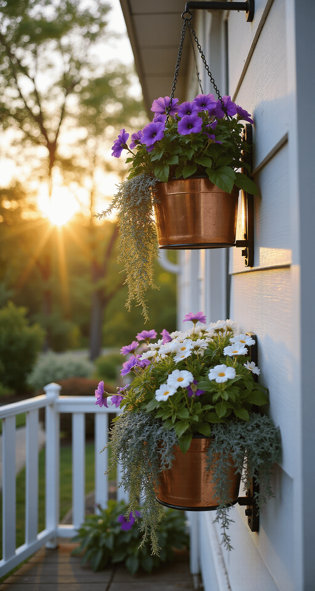 A sunlit Victorian porch adorned with three vintage copper hanging baskets overflowing with purple petunias, white calibrachoa, and silver dichondra, casting shadows on the white siding during golden hour, shot in portrait orientation with a dreamy bokeh effect.