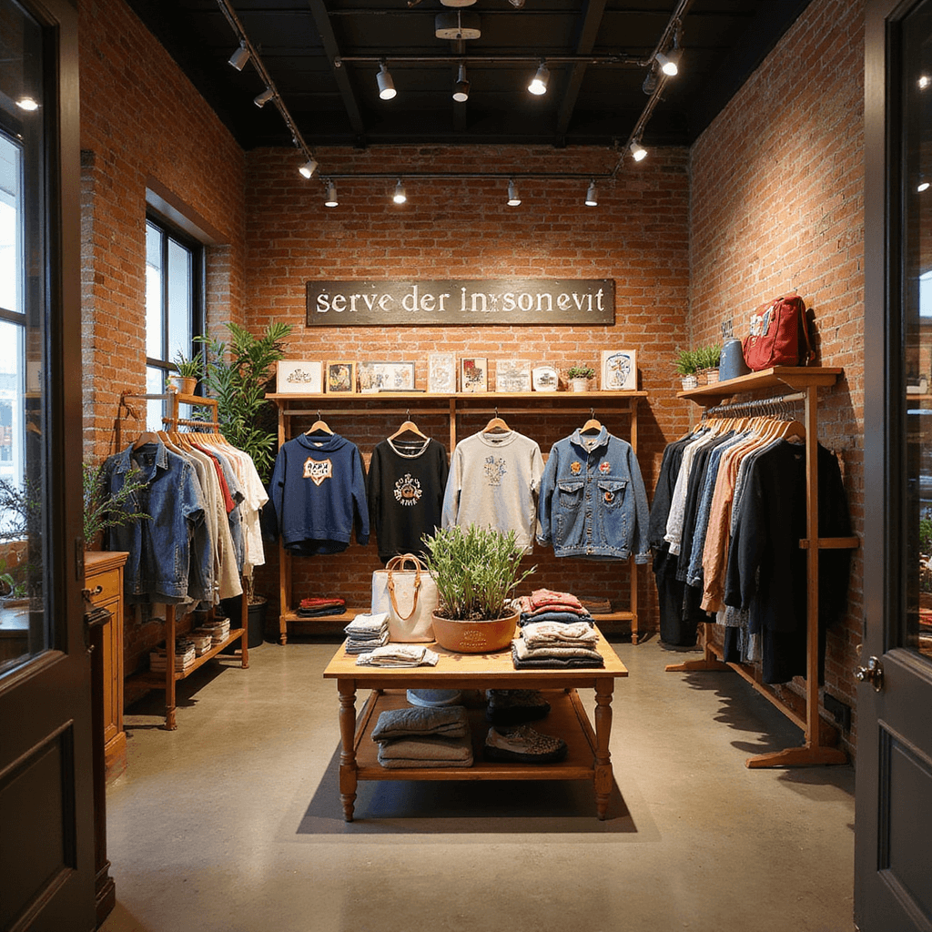 A trendy boutique interior with exposed brick walls and industrial-style lighting, showcasing embroidered hoodies and denim jackets on wooden racks, a central table with embroidered tote bags, and vintage signage, all under warm, inviting lighting.