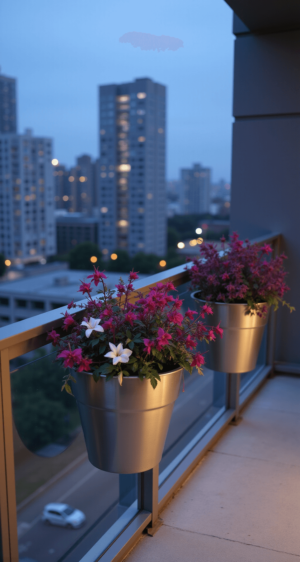 A modern apartment balcony at dusk with brushed steel hanging planters and minimalist glass railing, featuring deep magenta and white trailing fuchsias along with dark purple sweet potato vine, set against an urban skyline in cool blue hour lighting.