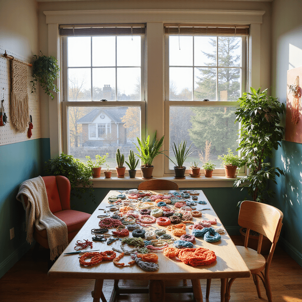 A bright and inviting craft room featuring a central worktable cluttered with colorful embroidery floss, scissors, and unfinished friendship bracelets, surrounded by large windows that let in warm late afternoon light. The walls are adorned with pegboards filled with crafting tools, while a cozy armchair draped with a woven blanket sits in the corner. Potted plants brighten the windowsills, and a macramé wall hanging adds texture to the space. The warm wood floors and white walls accented with teal and coral create a vibrant, creative atmosphere.
