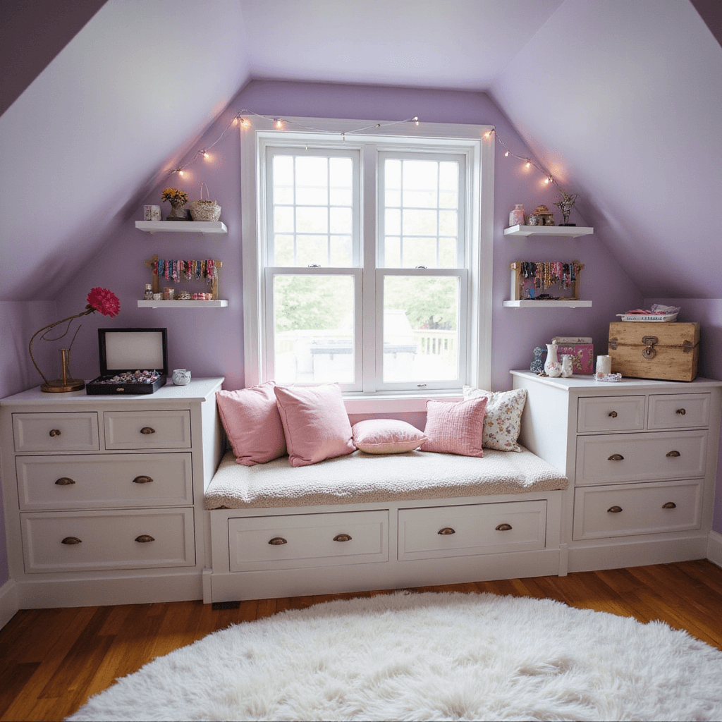 Cozy bedroom nook with a slanted ceiling, featuring a window seat filled with plush pillows, an open craft box displaying beads and charms, and fairy lights overhead, all against pale lavender walls and a fluffy white rug on hardwood floor.