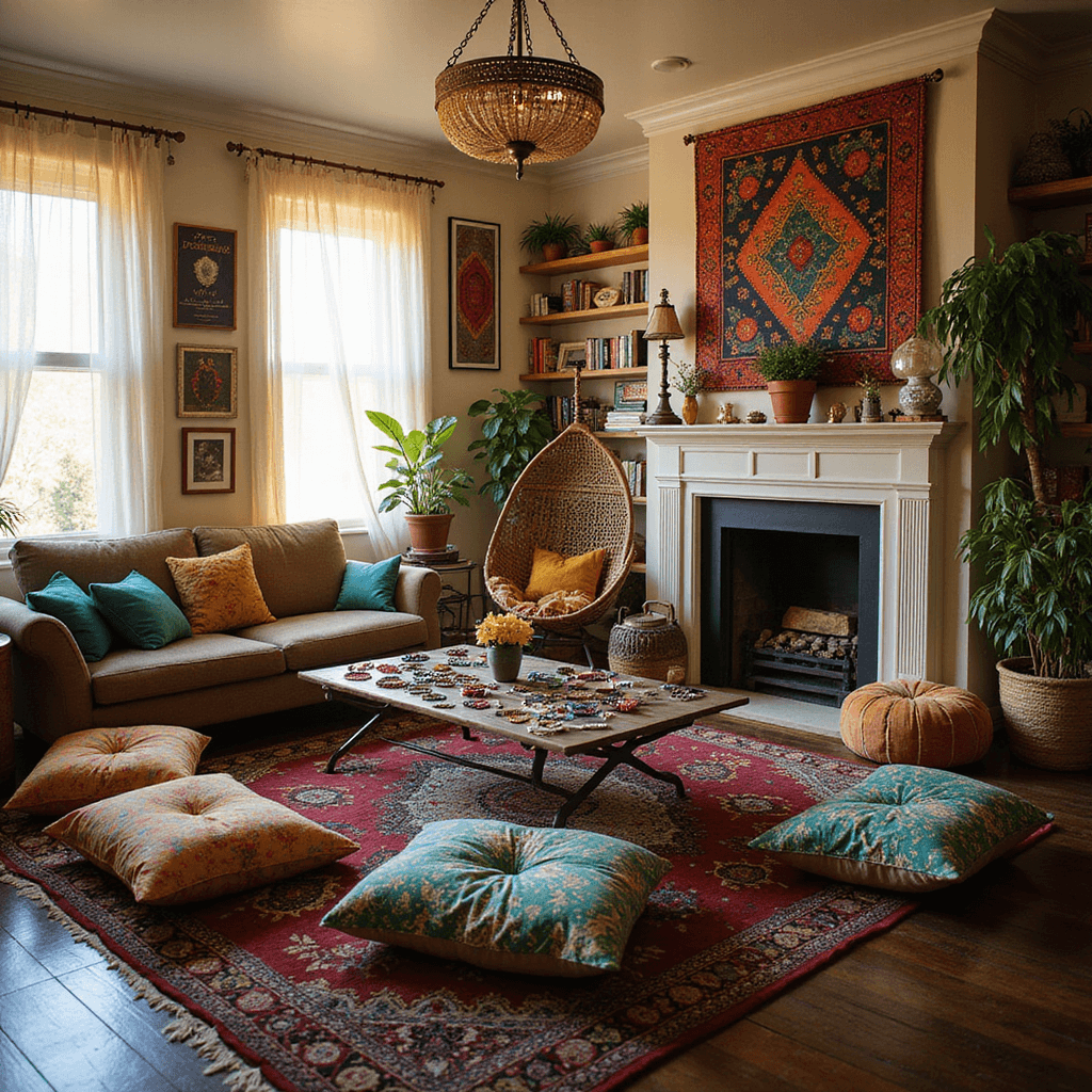 A bohemian living room filled with large floor pillows and a low coffee table adorned with bracelet-making supplies, colorful tapestries on the walls, and a mix of vintage and modern furniture. A rattan hanging chair is positioned by the fireplace, while floating shelves display plants and craft books. The room features rich jewel tones and layered rugs on dark hardwood flooring, with incense smoke catching the warm light from sheer curtains, creating an eclectic and creative atmosphere.