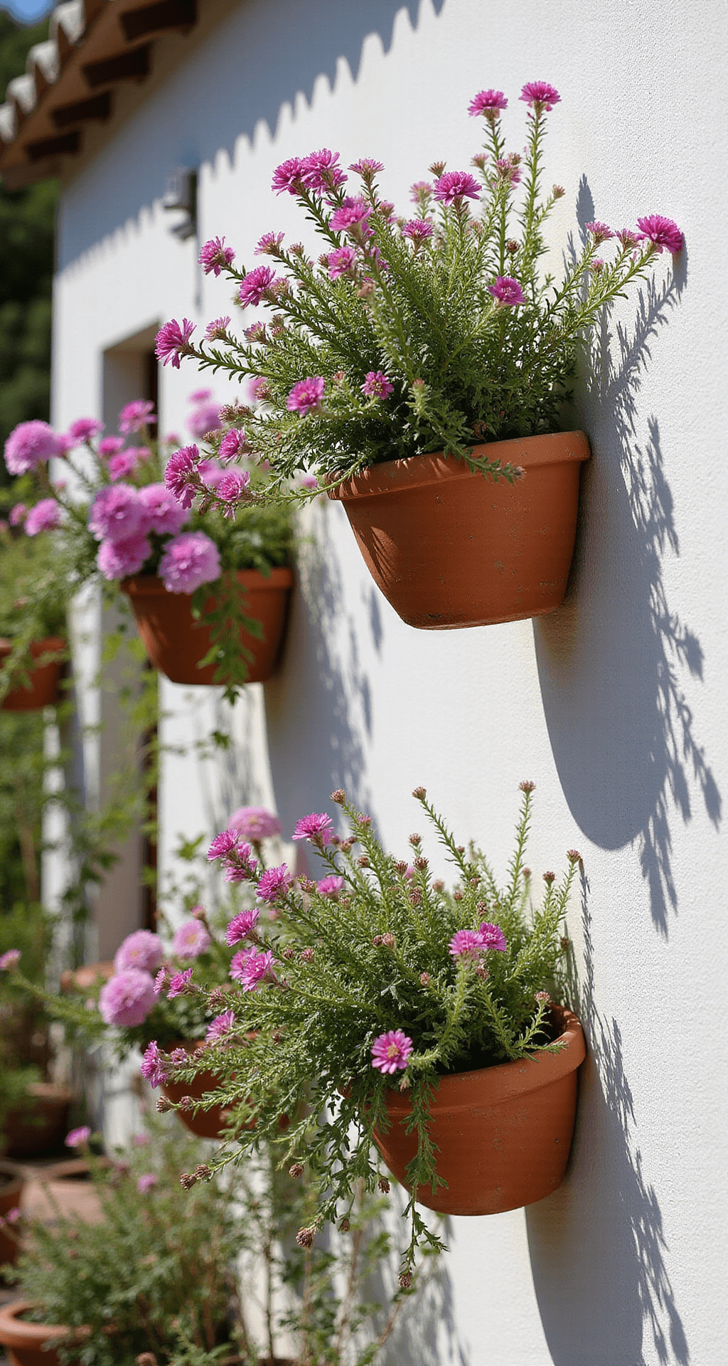 A Mediterranean-style terrace bathed in bright midday sun, showcasing rustic terracotta hanging baskets on whitewashed walls, filled with vibrant hot pink trailing verbena, silver senecio, and purple lantana, with strong shadows cast by hard directional lighting, highlighting architectural details and plant composition.