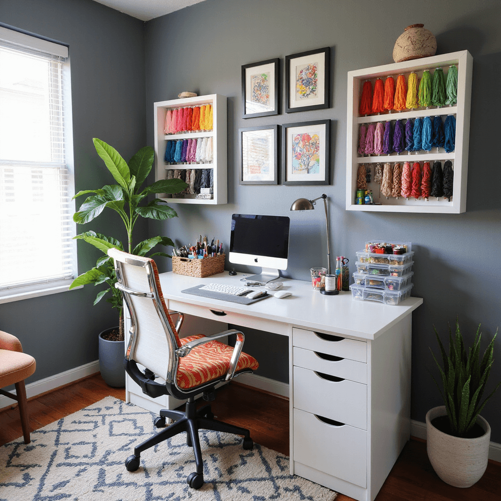 A modern craft space in a 10x12 ft home office featuring a sleek white desk, acrylic organizers with threads and tools, a gallery wall of friendship bracelet designs, a minimalist shelving unit with color-coordinated supplies, an ergonomic chair with a colorful cushion, gray walls with neon decor accents, and a geometric rug, captured from a high angle showcasing an organized and inspiring workspace with bright lighting.