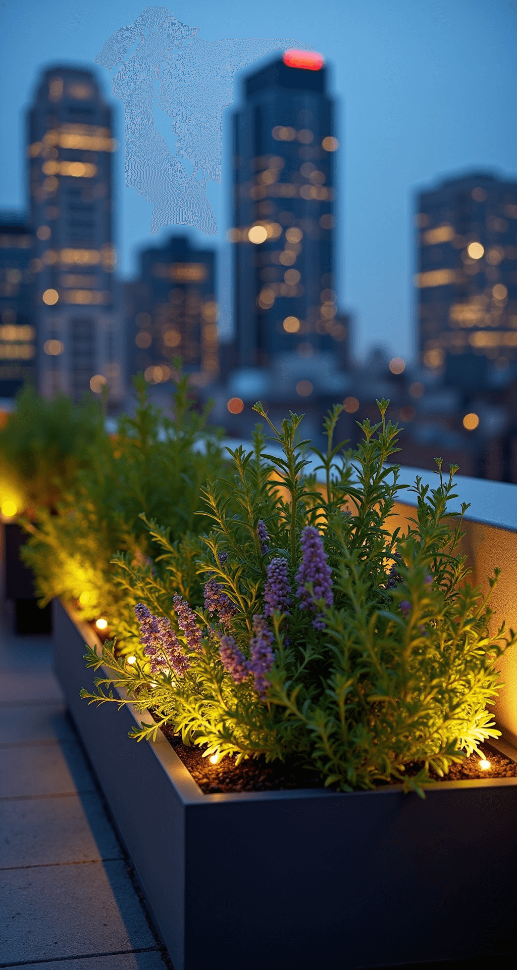 A contemporary rooftop garden at blue hour featuring illuminated herb gardens in rectangular planters with cascading rosemary, purple sage, and golden oregano, backlit by LED strips, set against a city lights bokeh background.
