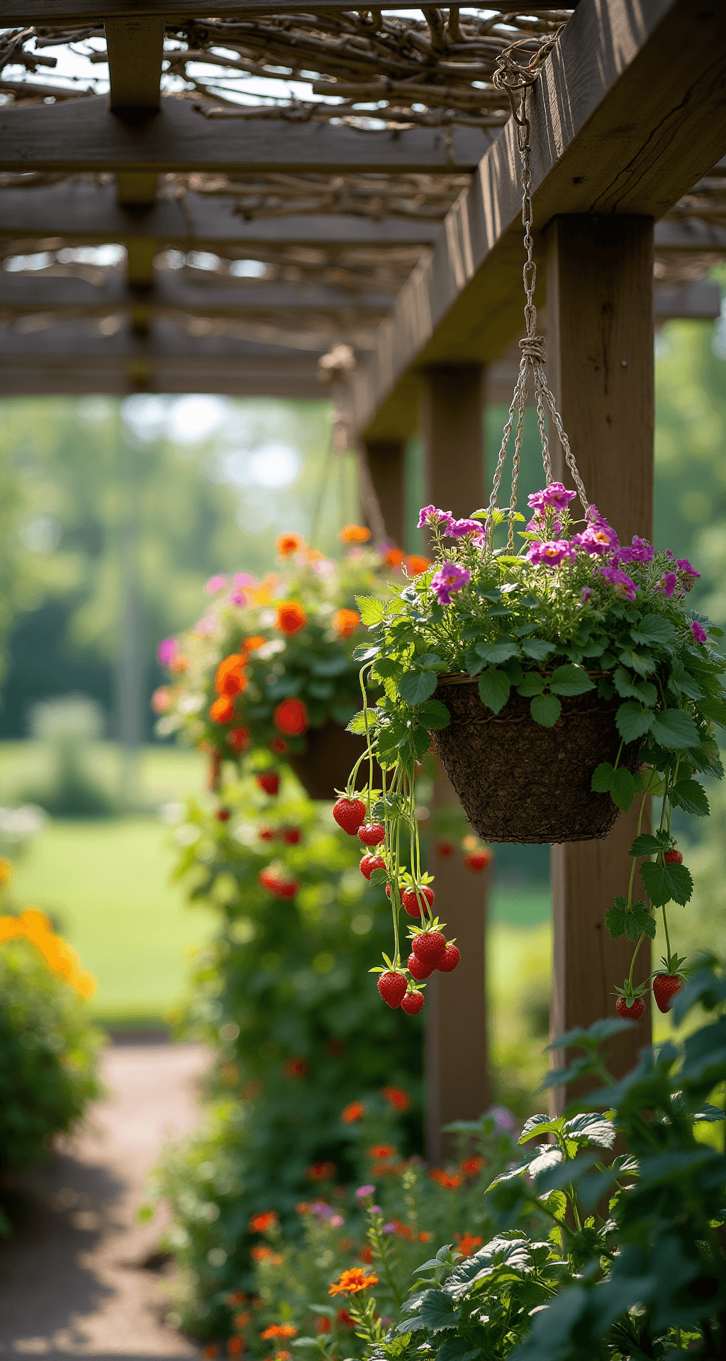 A covered garden pergola adorned with hanging baskets of trailing strawberries, nasturtiums, and purple basil, illuminated by dappled afternoon light that creates natural spotlighting on the foliage and fruits.