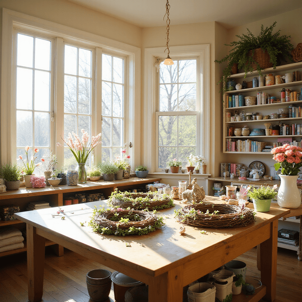 A bright and inviting craft room with large bay windows, showcasing a wooden worktable filled with grapevine wreath supplies. Colorful ribbons, faux flowers, and craft tools are organized on shelves, while a partially completed spring-themed wreath sits amidst pastel flower stems and delicate accents. The soft cream walls and natural wood tones complement the warm afternoon light streaming in, casting gentle shadows across the workspace.
