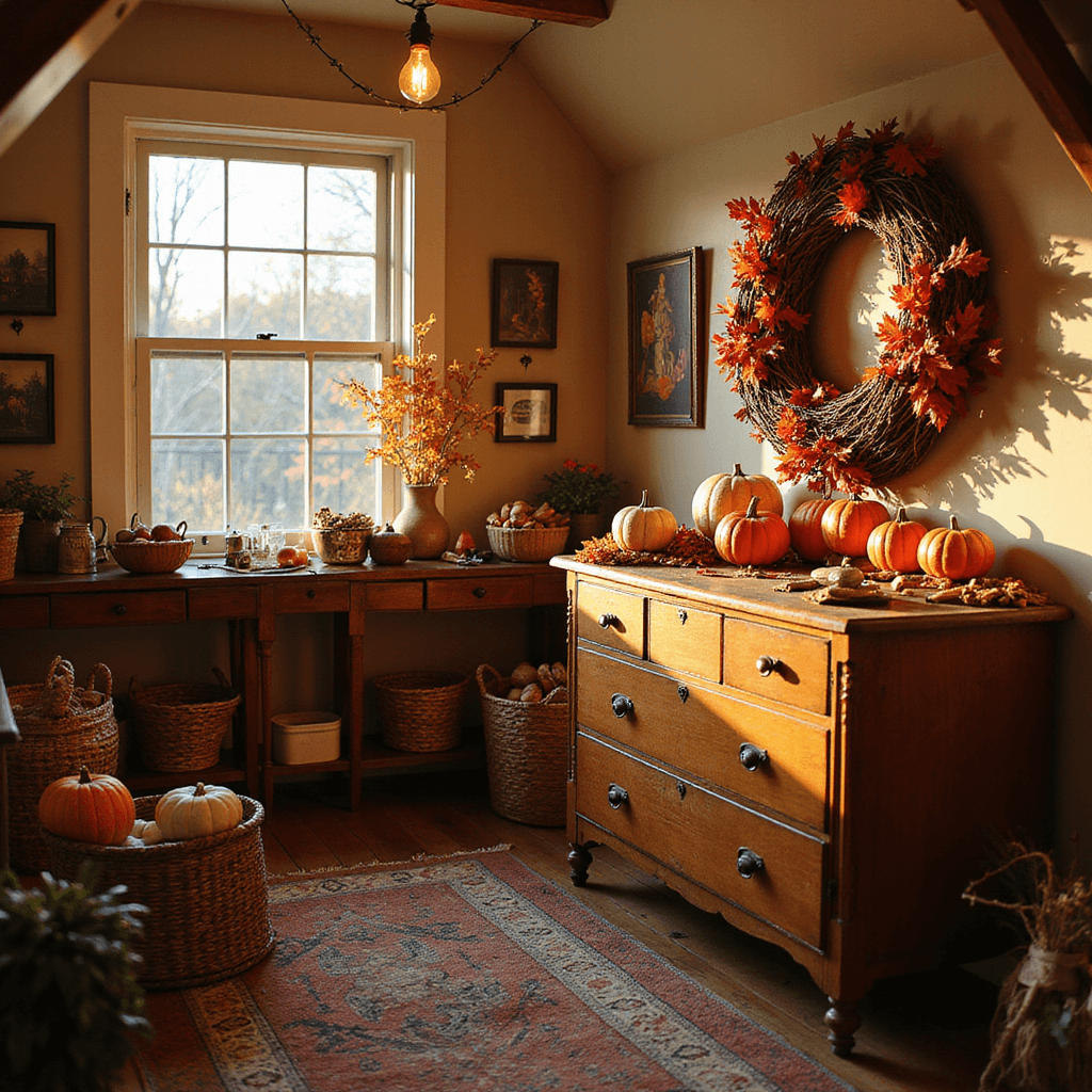 A warm and inviting attic craft space featuring a vintage dresser as a craft station with a grapevine wreath base surrounded by autumn leaves, mini pumpkins, and cinnamon sticks. Woven baskets filled with fall crafting materials line the floor under slanted ceilings, illuminated by golden hour light and soft glow from edison bulbs.