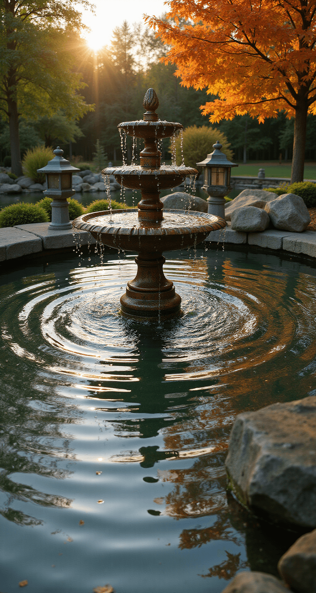 A serene Japanese garden pond at golden hour featuring a three-tier bamboo fountain, surrounded by vibrant maple trees casting shadows on the water. Water droplets are captured mid-fall, with stone lanterns reflecting in the rippling surface. The scene includes moss-covered rocks and floating water lilies, shot from ground level for a dreamy bokeh effect.