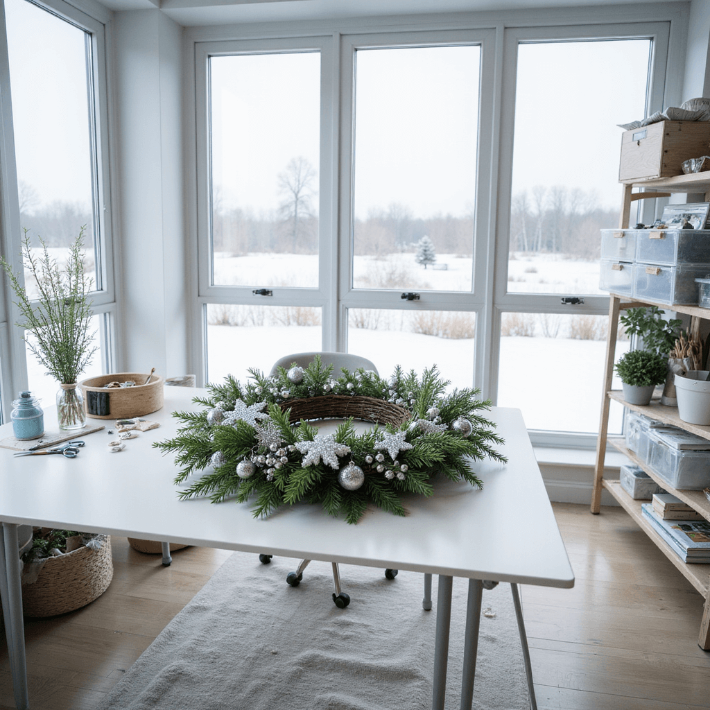A modern minimalist home office converted into a craft space, featuring a sleek white desk with a winter-themed grapevine wreath in progress. The wreath is adorned with evergreen sprigs, glittery snowflakes, and silver ornaments. Floor-to-ceiling windows reveal a snowy landscape, with bright, diffused natural light illuminating the scene. Clear acrylic organizers display crafting tools, all set in a cool color palette of whites, silvers, and icy blues. The image is captured from an overhead angle, showcasing the wreath and the snowy view beyond.