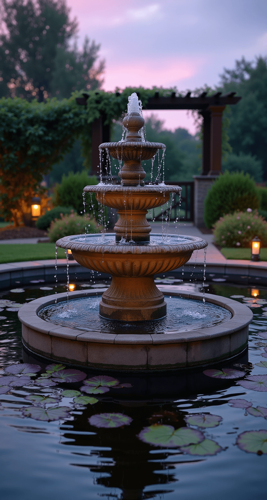 A serene twilight scene of a circular garden pond featuring a classic three-tier stone fountain, surrounded by blooming water iris and lily pads. The sky is a gradient of purple and blue, with the fountain spray catching the light. Weathered limestone tiers are dripping water, and copper path lights illuminate the rippled pond surface. A nearby pergola is adorned with climbing roses, creating a romantic atmosphere.