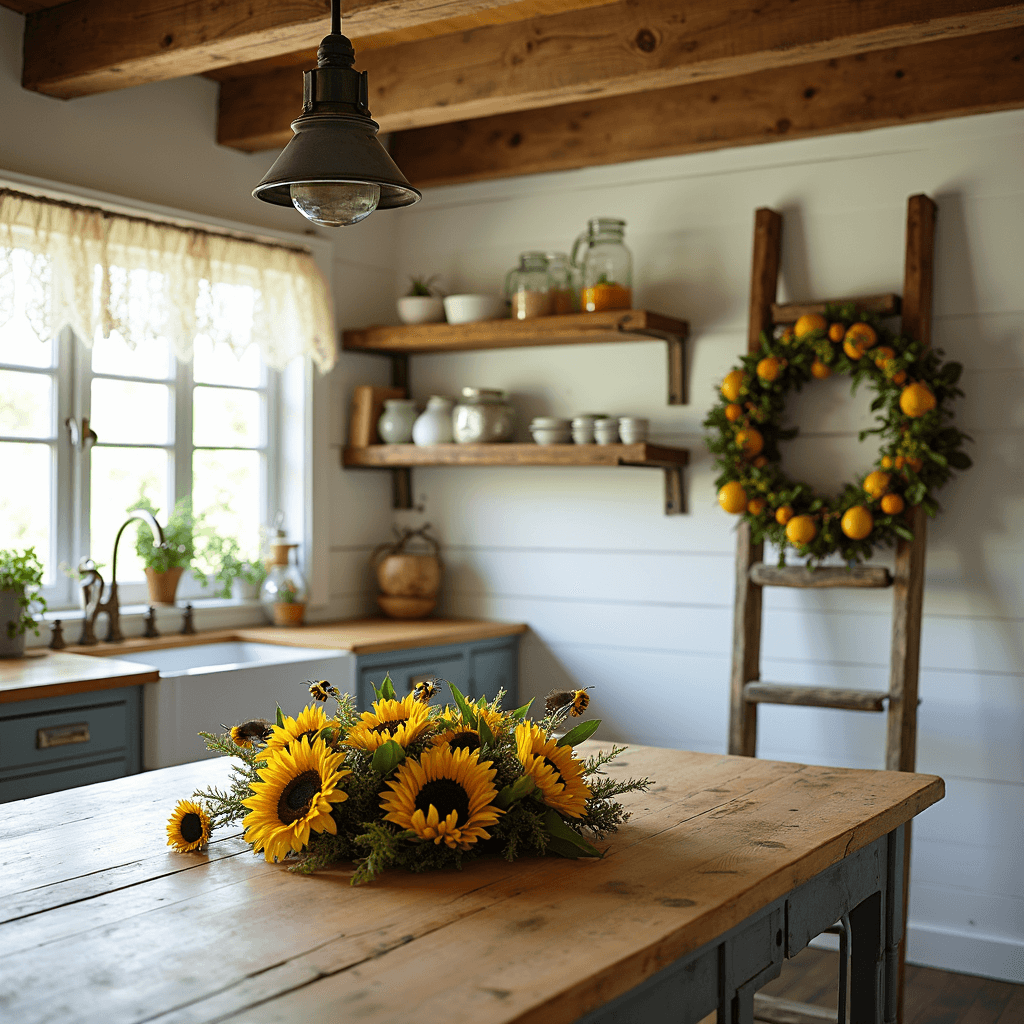 A rustic farmhouse kitchen featuring exposed wooden beams and shiplap walls, illuminated by soft morning light filtering through lace curtains. In the foreground, a crafting island showcases a summer-themed grapevine wreath adorned with sunflowers, citrus slices, and bumblebee accents, surrounded by mason jars of supplies. The vintage ladder displays another wreath, adding charm to the warm, inviting color palette of whites and sunny yellows.