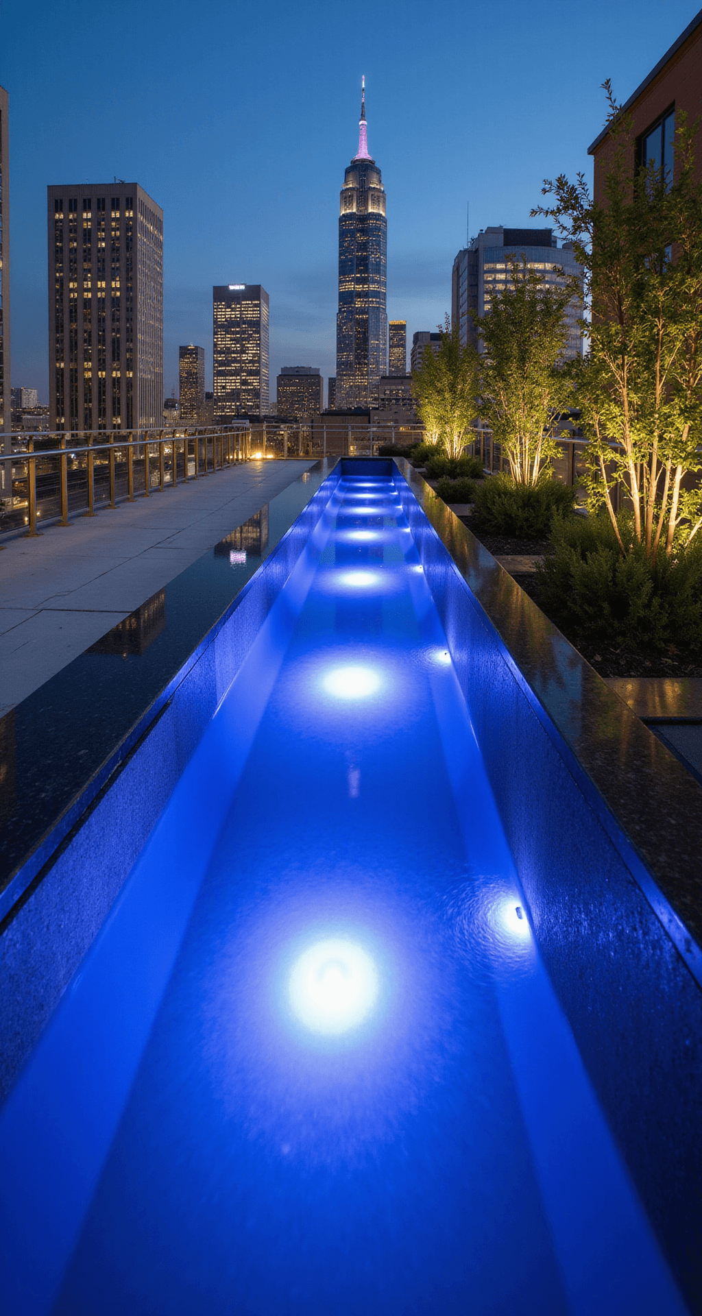 A contemporary rooftop infinity pond with a vertical waterfall, illuminated by electric blue LED lights, framed by glass wind barriers adorned with climbing vines. The scene is captured from a low angle at blue hour, showcasing the city skyline and reflecting the obsidian stone edges and floating steel orbs.