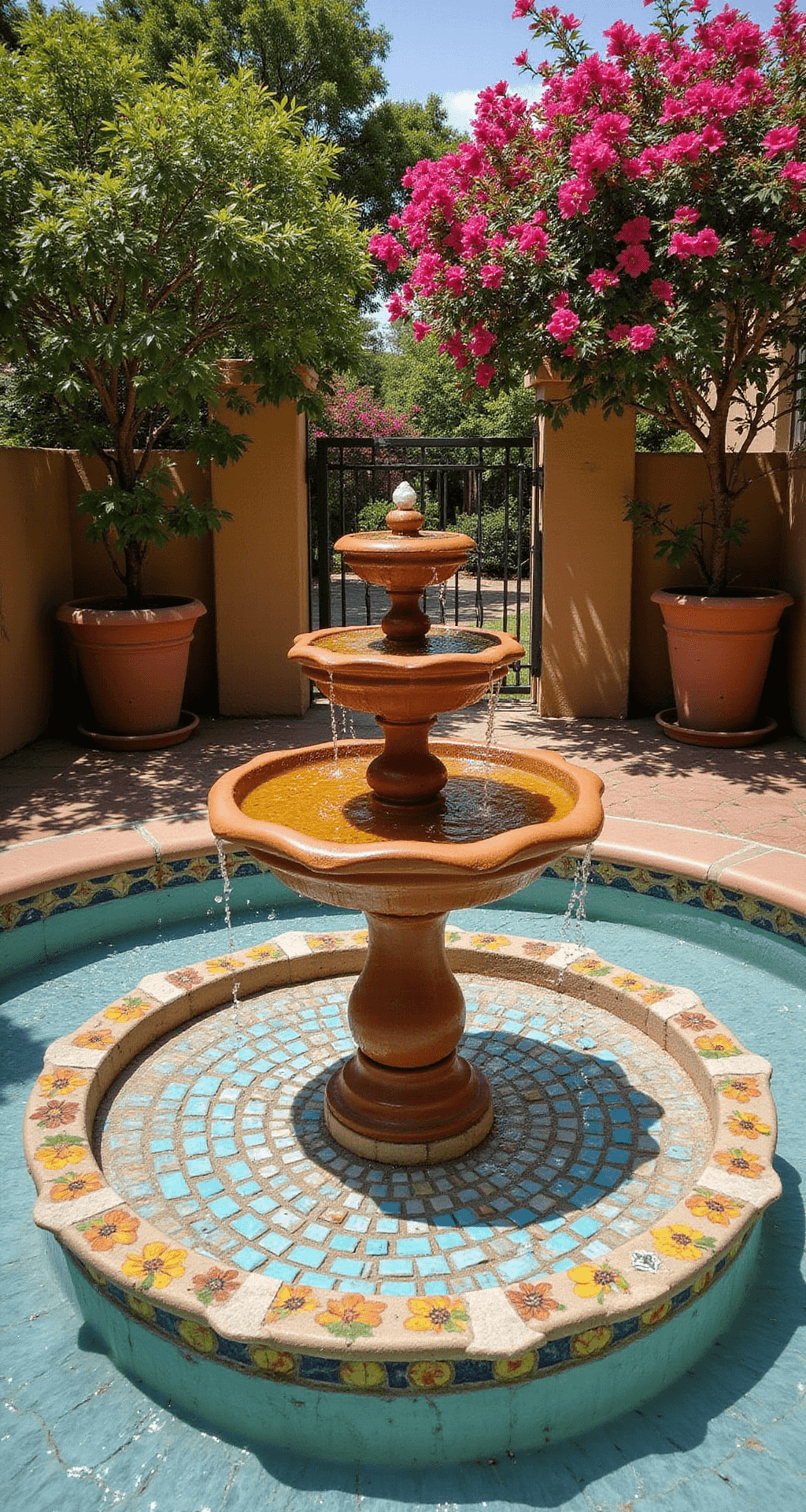 A sunlit Mediterranean courtyard featuring a 10ft diameter terra cotta tiered fountain surrounded by a 15ft square pond. Water cascades over hand-painted tiles, with potted citrus trees casting delicate shadows and vibrant bougainvillea adding colorful accents. The scene includes a detailed mosaic tile border, all captured in bright natural light.