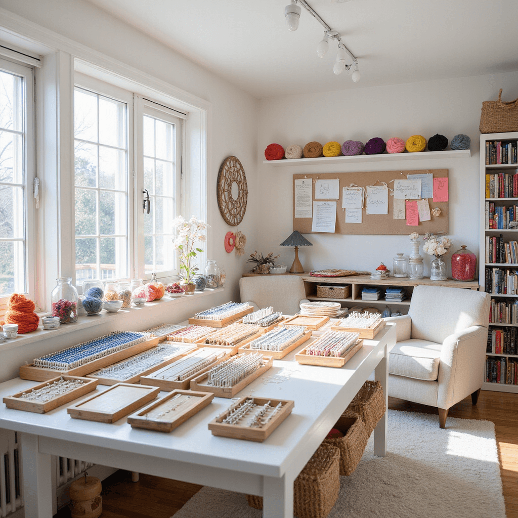 A bright and airy craft room with floor-to-ceiling windows, white walls, and a central worktable covered in colorful looms and arranged yarn in glass jars. A mood board displays knitted patterns, while a cozy reading nook with a plush chair and bookshelf fills one corner.
