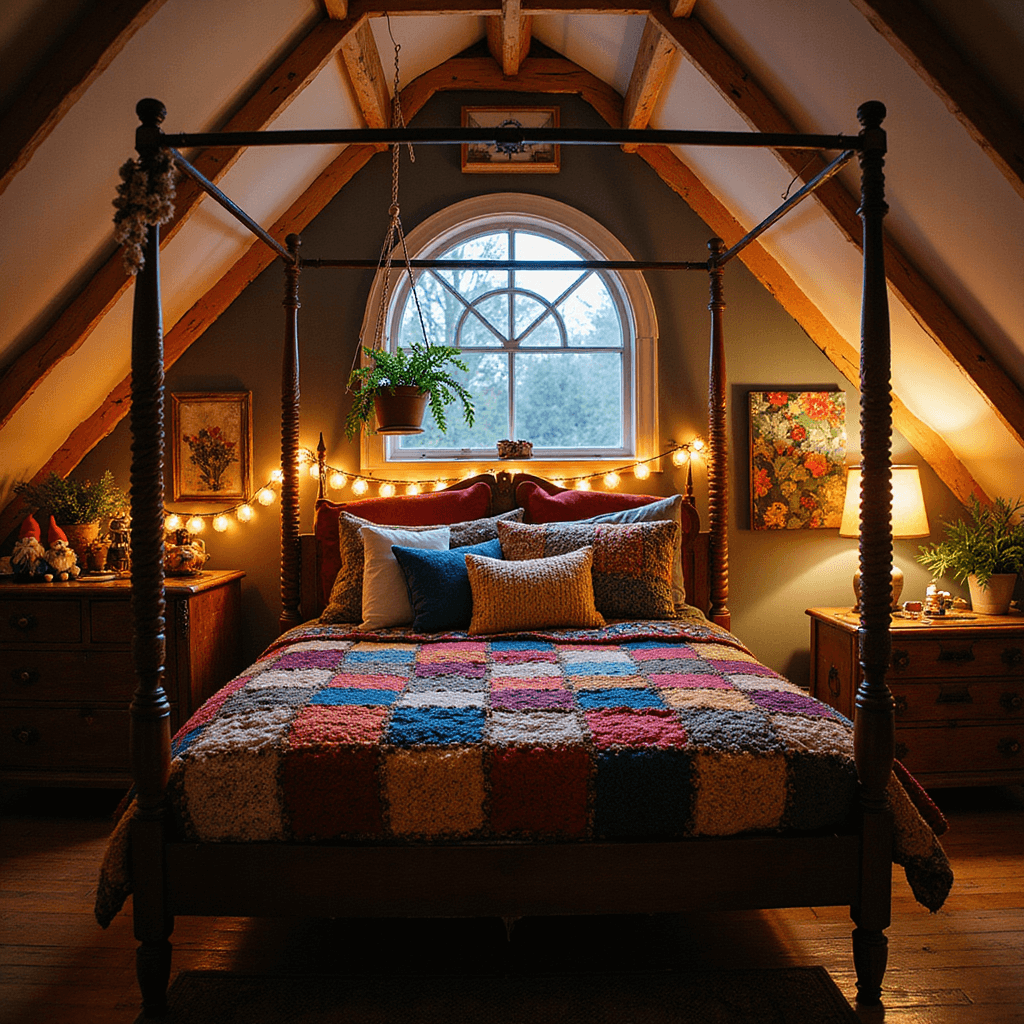 An eclectic bohemian bedroom at twilight featuring a four-poster bed with a handmade patchwork quilt, knitted pillows, fairy lights, a vintage dresser with quirky decorations, and a macramé plant holder with a fern, all illuminated by soft ambient lighting.