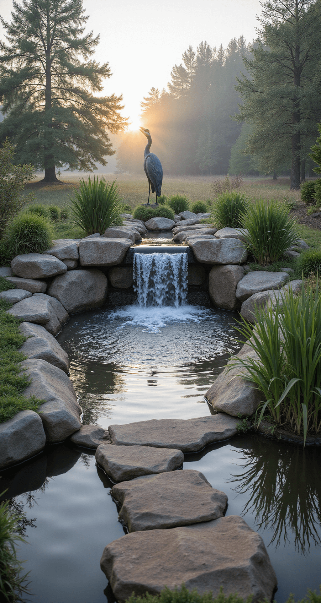 A serene wildlife-friendly natural pond at dawn, featuring a 30ft irregular-shaped pond with a rock waterfall. Morning mist rises from the water's surface, framed by native plantings and stepping stones. A great blue heron statue serves as a fountain spout, all illuminated by early morning light with a slight fog. The color palette includes misty gray, river rock browns, cattail green, and pearl water.
