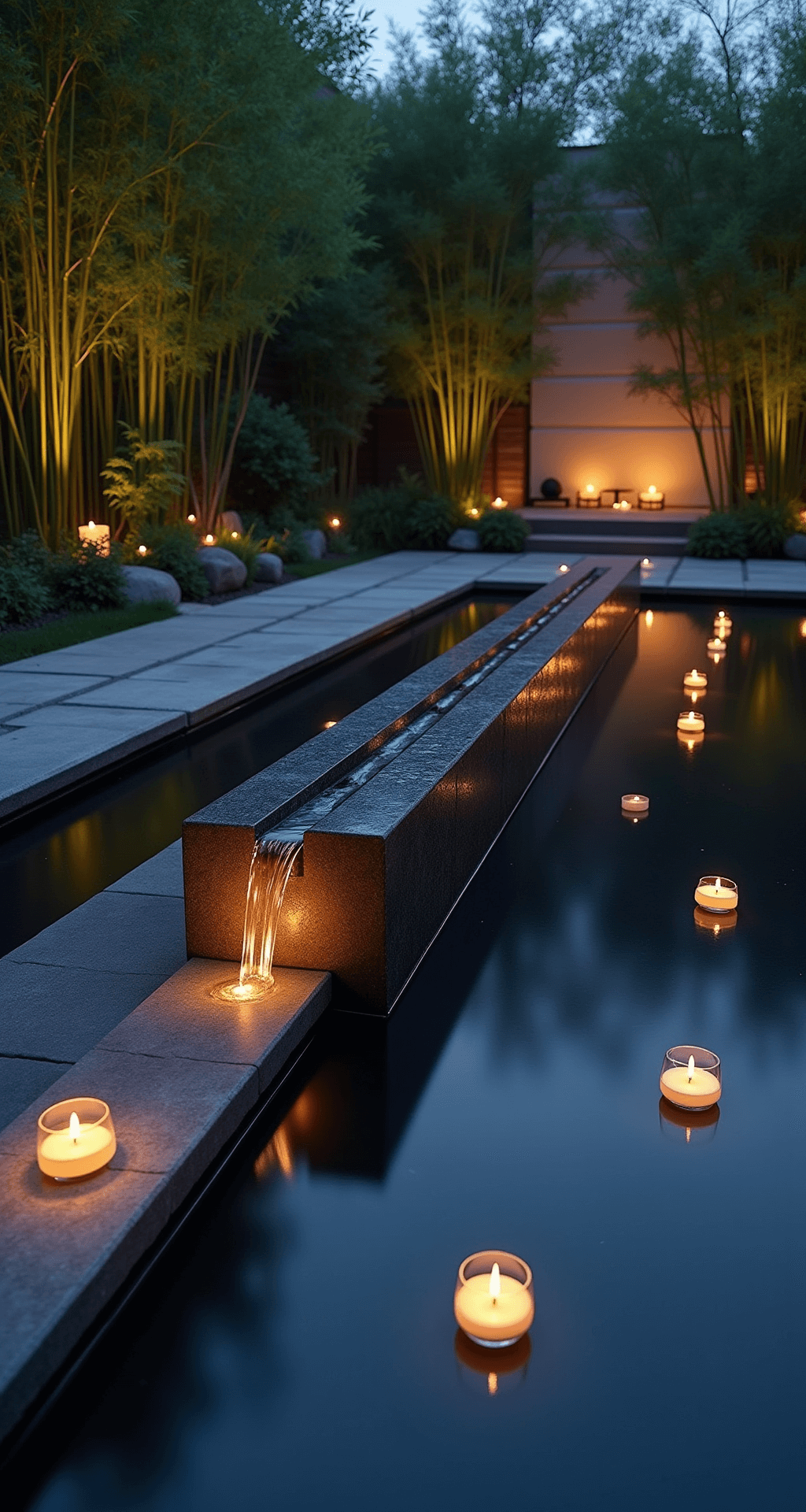 A rectangular pond at dusk featuring a black granite monolith fountain with a single water stream falling in an arc, surrounded by floating candles. A bamboo grove serves as the backdrop while an illuminated stone path leads to a wooden meditation deck. The scene is captured during blue hour, highlighting charcoal stone, bamboo green, amber candlelight, and midnight blue water.