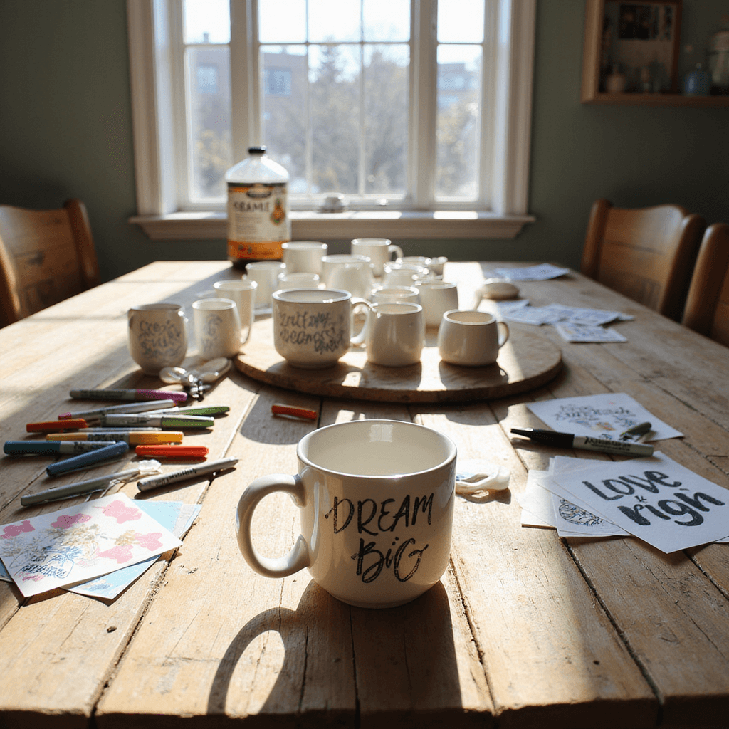 A sunlit kitchen corner features a rustic wooden table with white mugs and colorful Sharpie paint pens, surrounded by vinyl sheets and scissors. A half-finished doodle mug is in the foreground, while a gleaming 'Dream Big' mug is in the softly focused background, all illuminated by warm natural light.