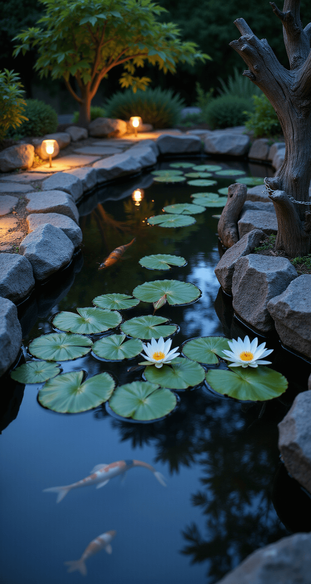 A tranquil garden pond during blue hour, featuring illuminated water lilies, koi fish silhouettes, and soft underwater LED lights. Natural stone edging with copper pathway lights and Japanese maple leaf shadows create a serene atmosphere, complemented by weathered driftwood wrapped in fairy lights. The image captures reflections and depth with sharp foreground details and ethereal bokeh in the background.