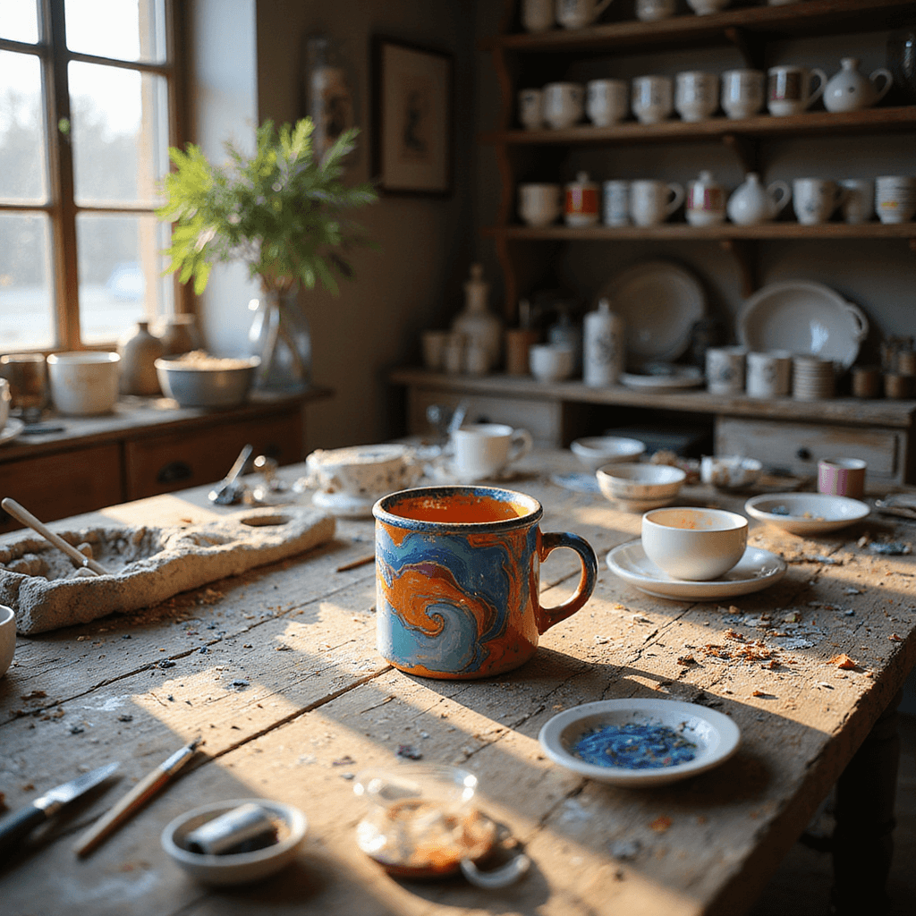 A cozy craft room bathed in warm afternoon light, featuring a large farmhouse-style desk cluttered with porcelain paints, brushes, and half-painted mugs. A vibrant marbled mug stands out at the center, surrounded by completed designs on shelves above, captured from a slightly elevated angle to highlight the colorful creative environment.