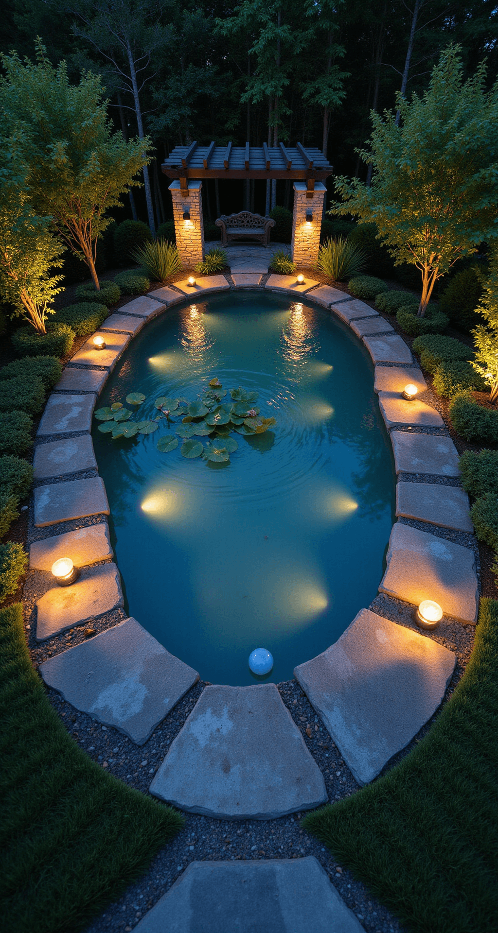Aerial view of an illuminated oval garden pond at midnight, featuring slate stepping stones, underwater spotlights, floating solar orbs, and a steel pergola casting geometric shadows, captured in long exposure to showcase light trails and water movement.