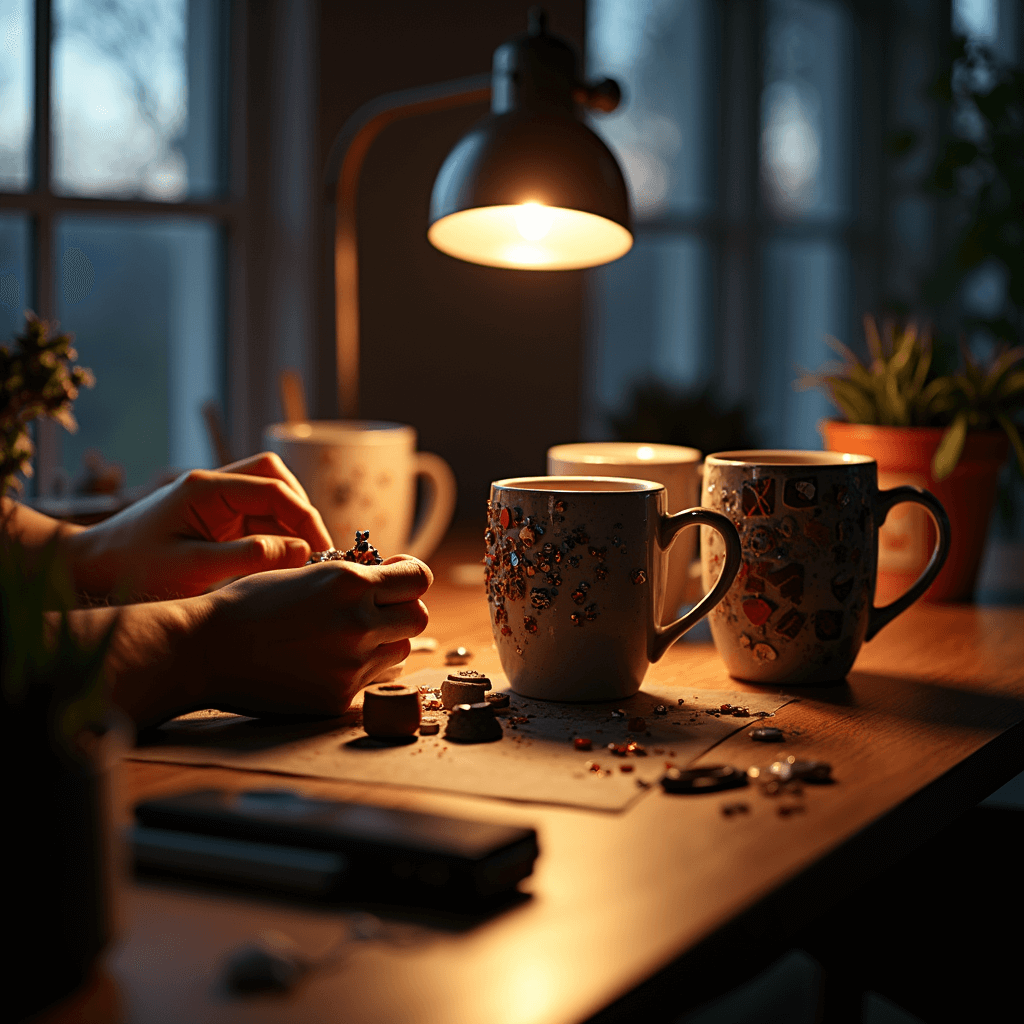 A cozy home office corner at dusk, featuring a modern desk with embellished mugs and a person’s hands applying rhinestones to a mug. Earth-toned polymer clay is nearby, while a finished textured mug catches the warm glow of a desk lamp, casting intriguing shadows. The low-angle perspective highlights the craftsmanship and intimate atmosphere.