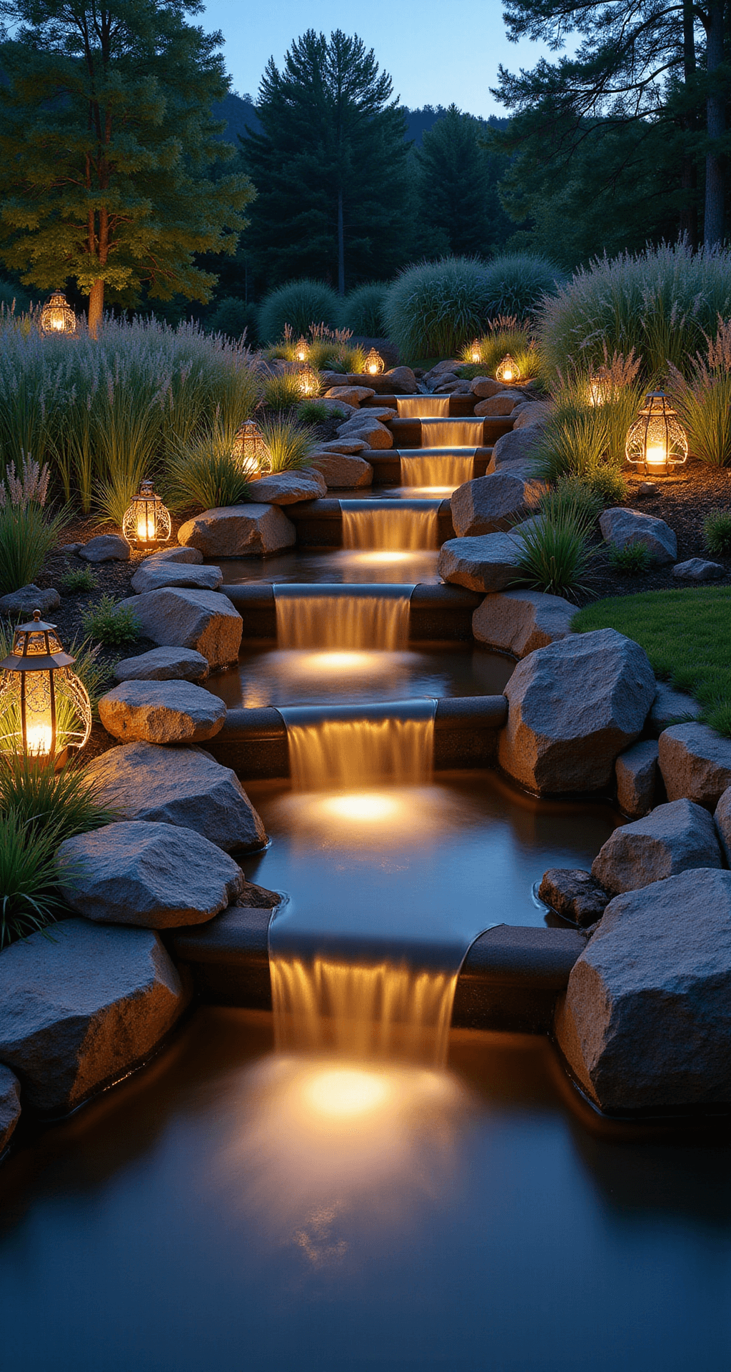 Eye-level shot of a terraced garden pond system at golden-blue hour, featuring three descending ponds with illuminated waterfalls, copper lanterns along stone pathways, and glowing LED strips beneath waterfalls. Backlit native grasses cast silhouettes, and mist rises from the water, highlighting light rays. Metal sculptures reflect in the still lower pools, emphasizing water movement and light interaction.
