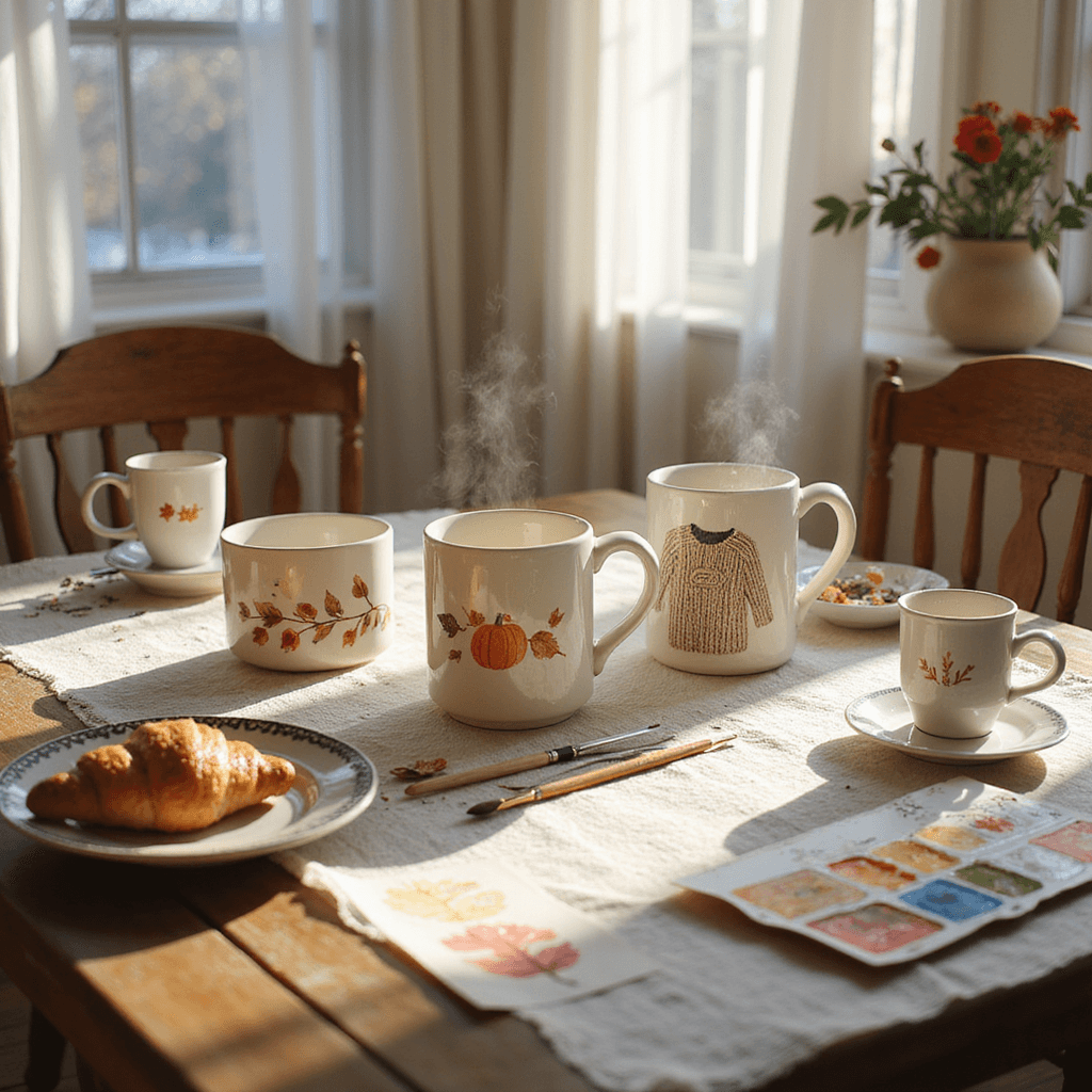 A bright dining room bathed in morning sunlight, featuring a farmhouse table set for breakfast with decorated mugs, scattered art supplies, a half-eaten croissant, and steaming coffee, all captured from a slightly elevated angle.